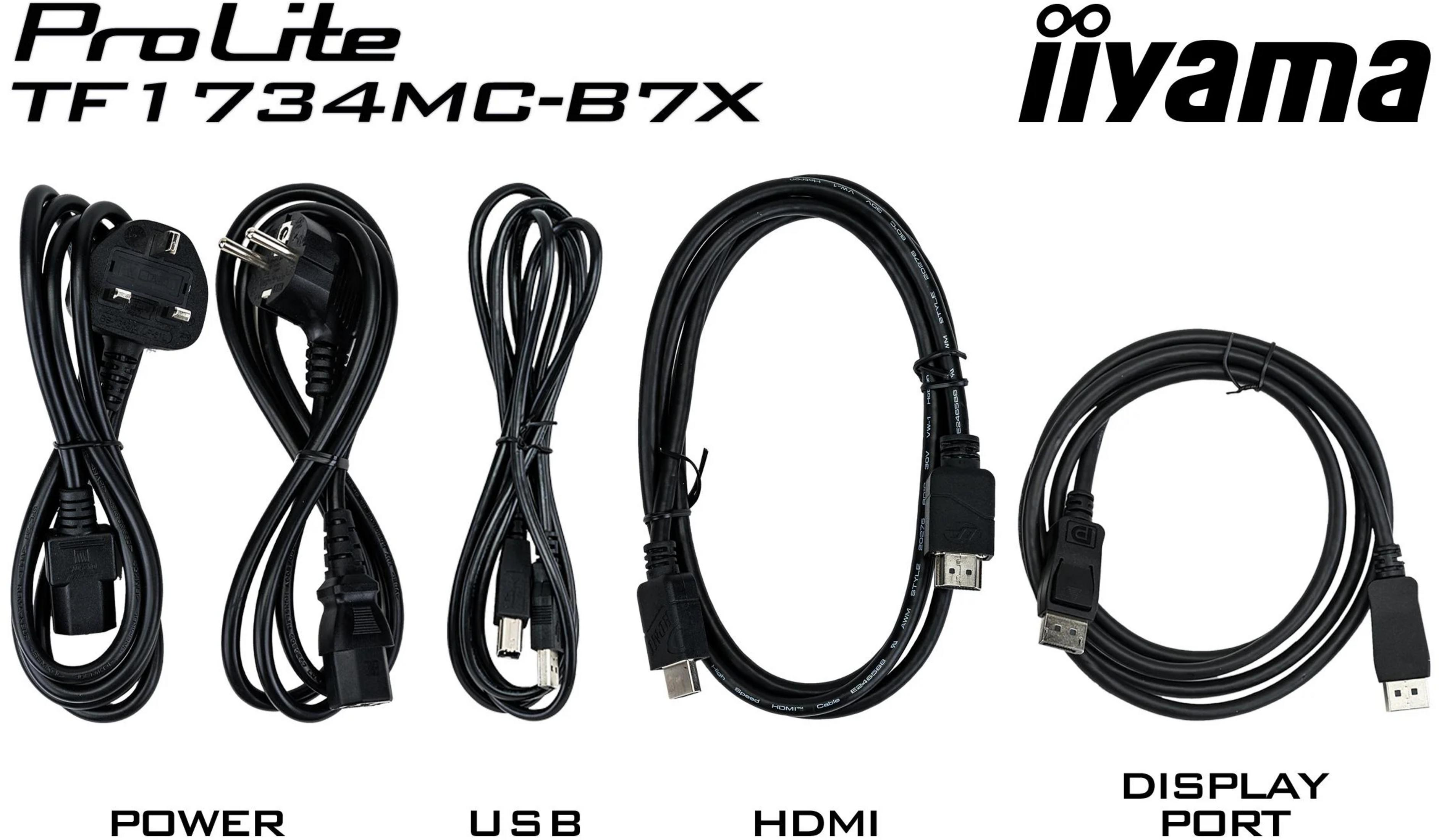 Schwarze Strom-, USB-, HDMI- und DisplayPort-Kabel sind ausgelegt. Text beschriftet sie.