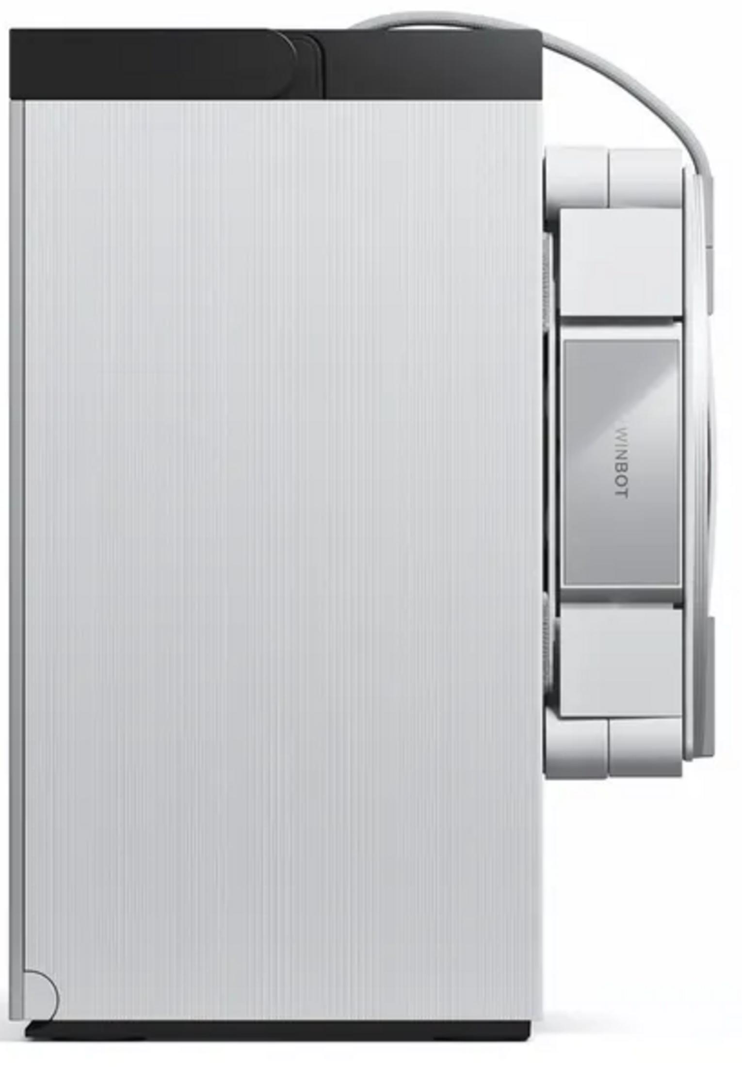 Ein weißer, rechteckiger Computer mit schwarzem oberen Rand und silbernem Detail.