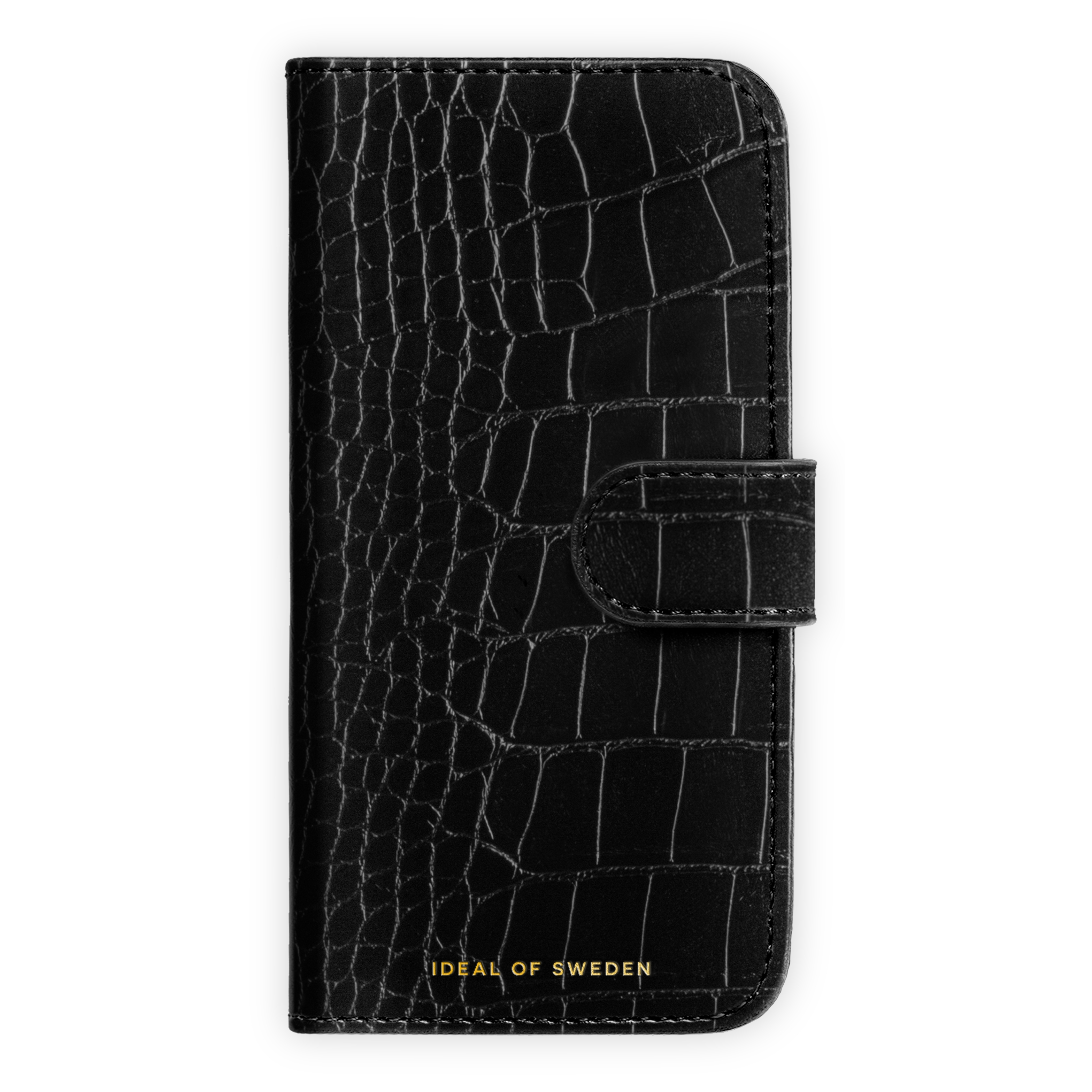 Schwarzes Krokodilleder-Telefongehäuse mit Schnappverschluss und goldenem Schriftzug.