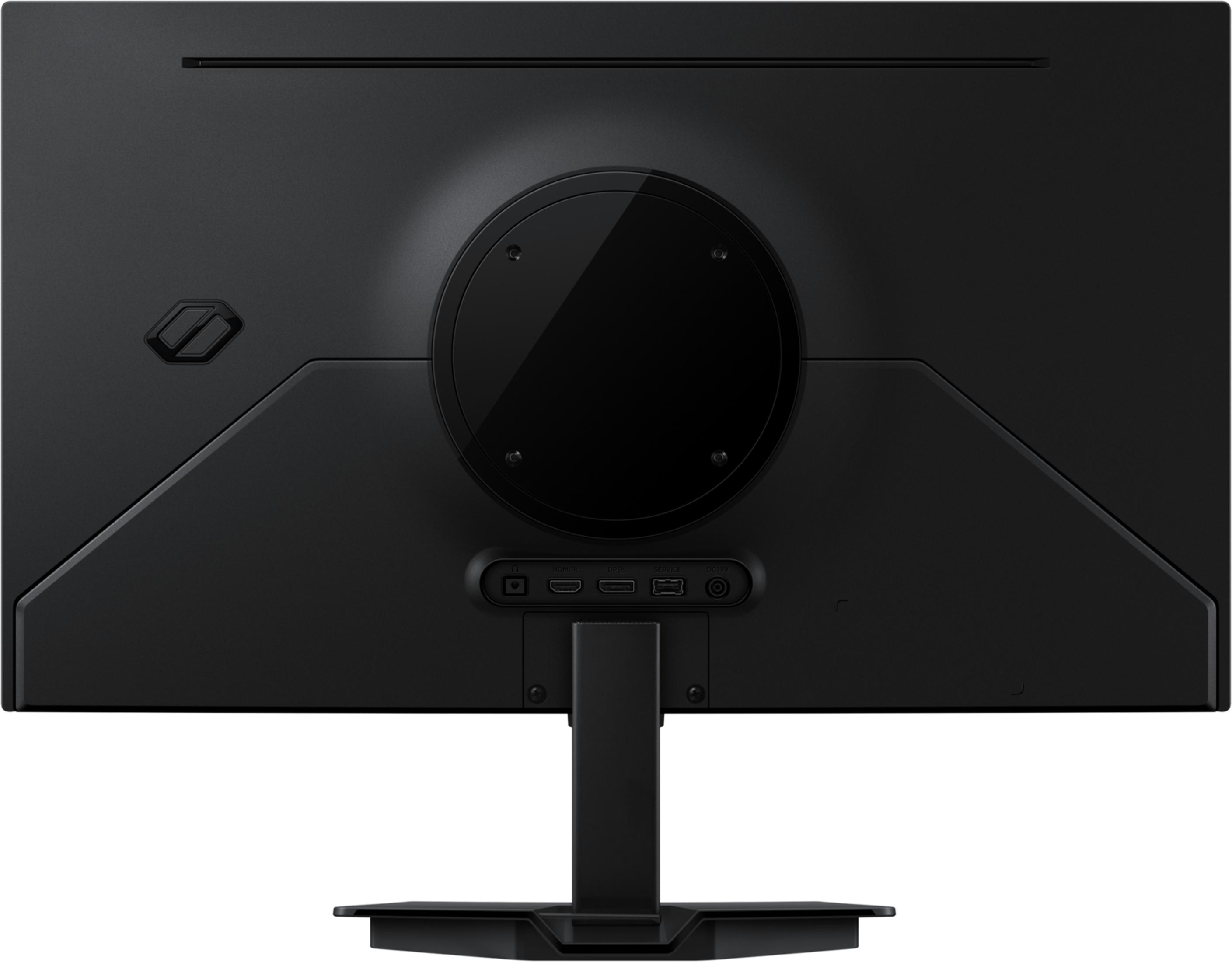 Retro di un monitor nero con porte e supporto.
