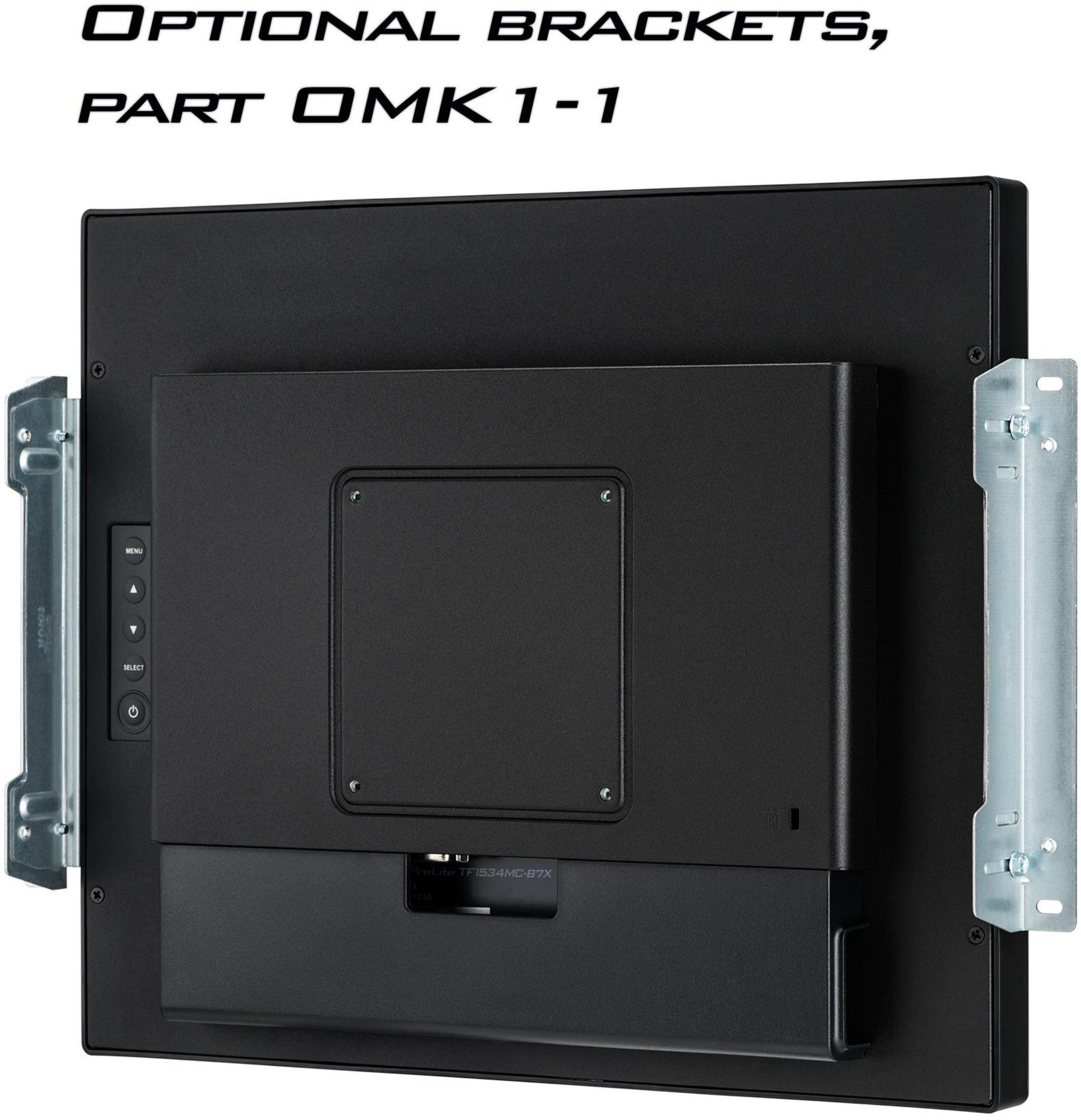 Back of a black monitor with silver mounting brackets and control buttons.