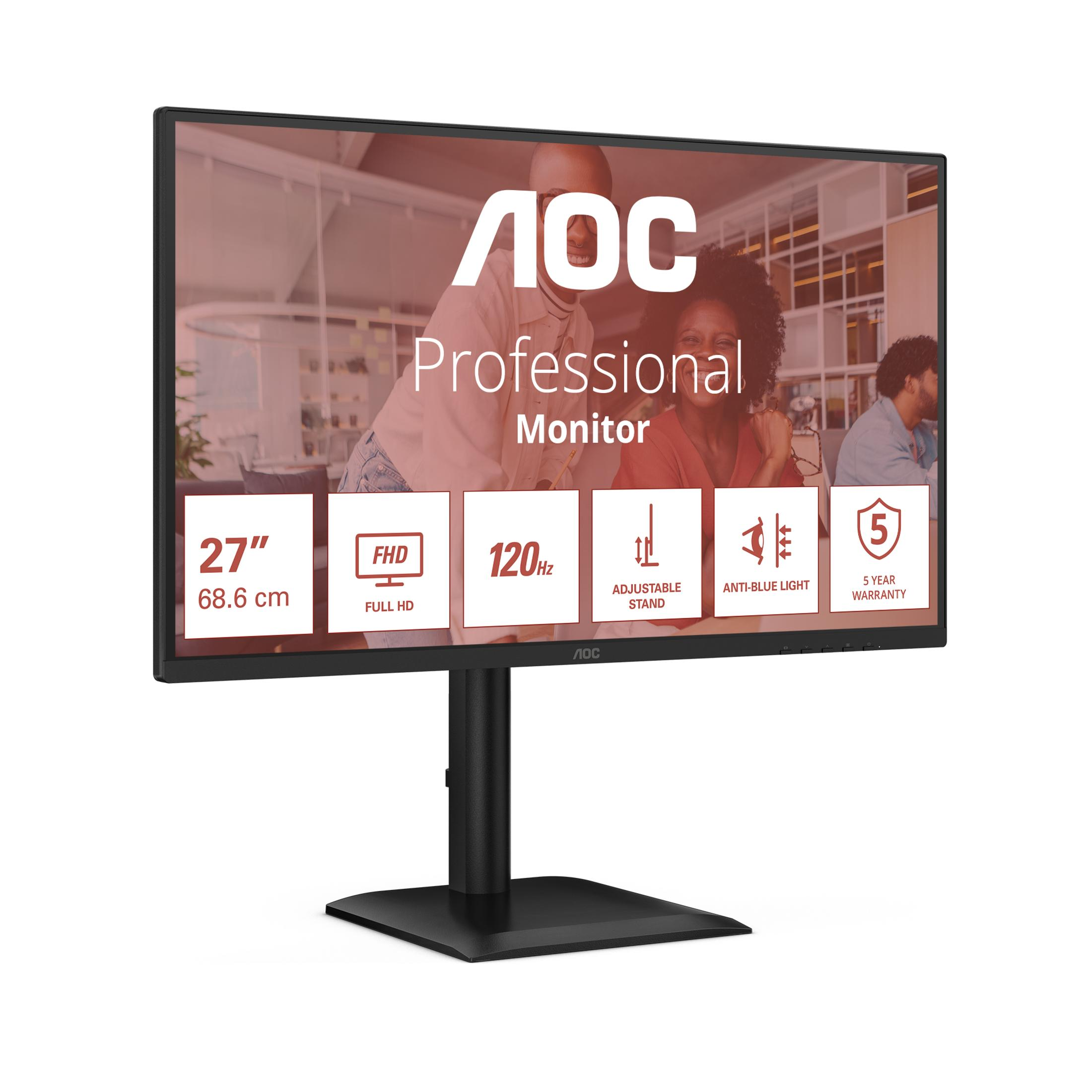AOC 27-inch Full HD monitor with 120Hz, adjustable stand, and anti-blue light.
