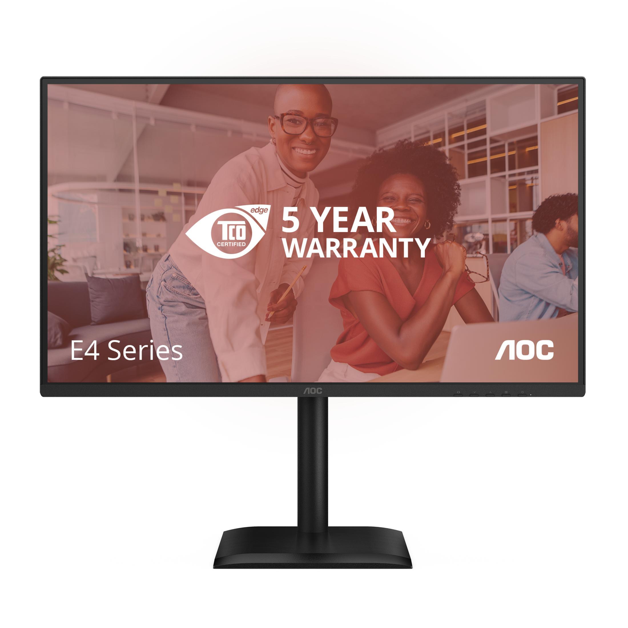 AOC Monitor displays two smiling women and 5 Year Warranty text.