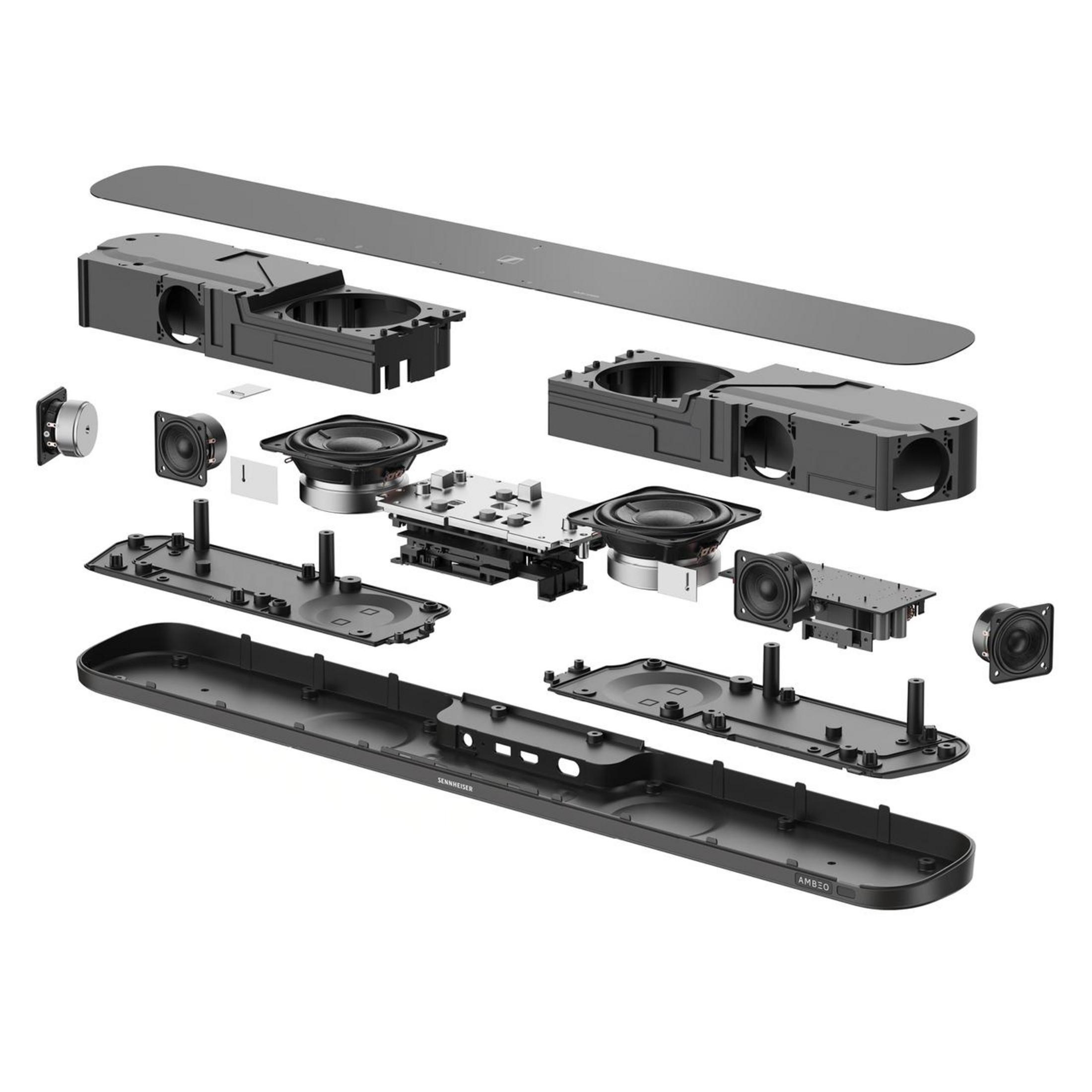 Explodierte Ansicht eines schwarzen Soundbars mit Lautsprechern und Hauptplatine.