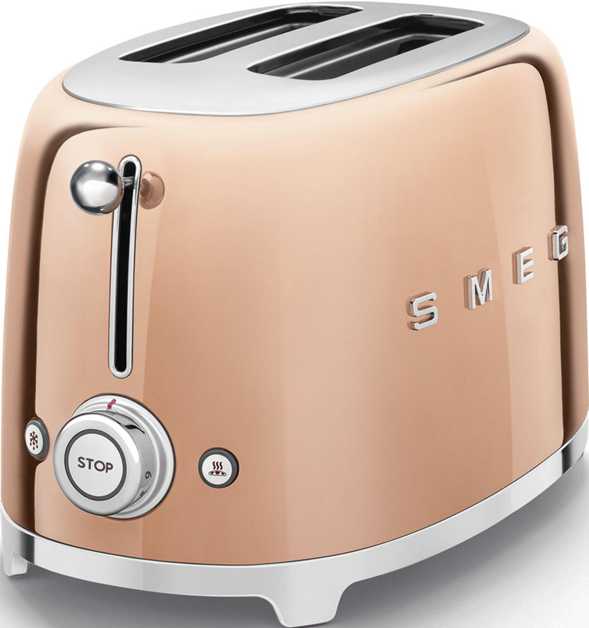Un tostapane SMEG color bronzo con parte superiore e controlli argentati.
