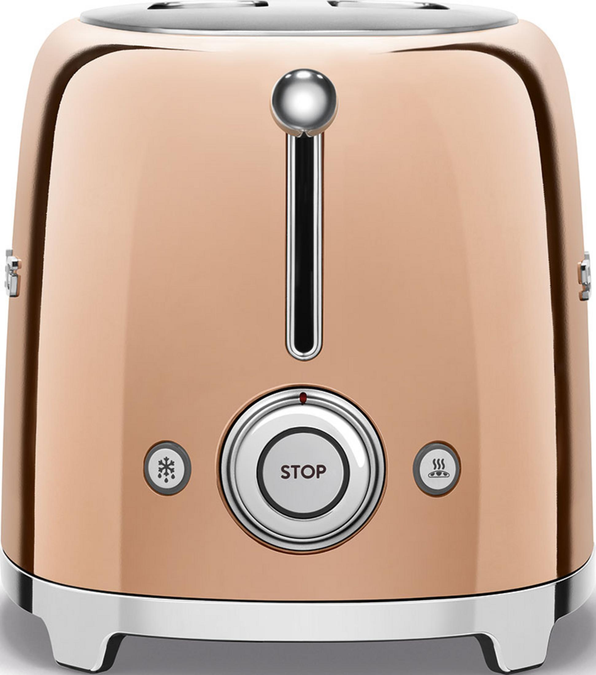 Un tostapane color oro rosa con accenti e controlli argentati.