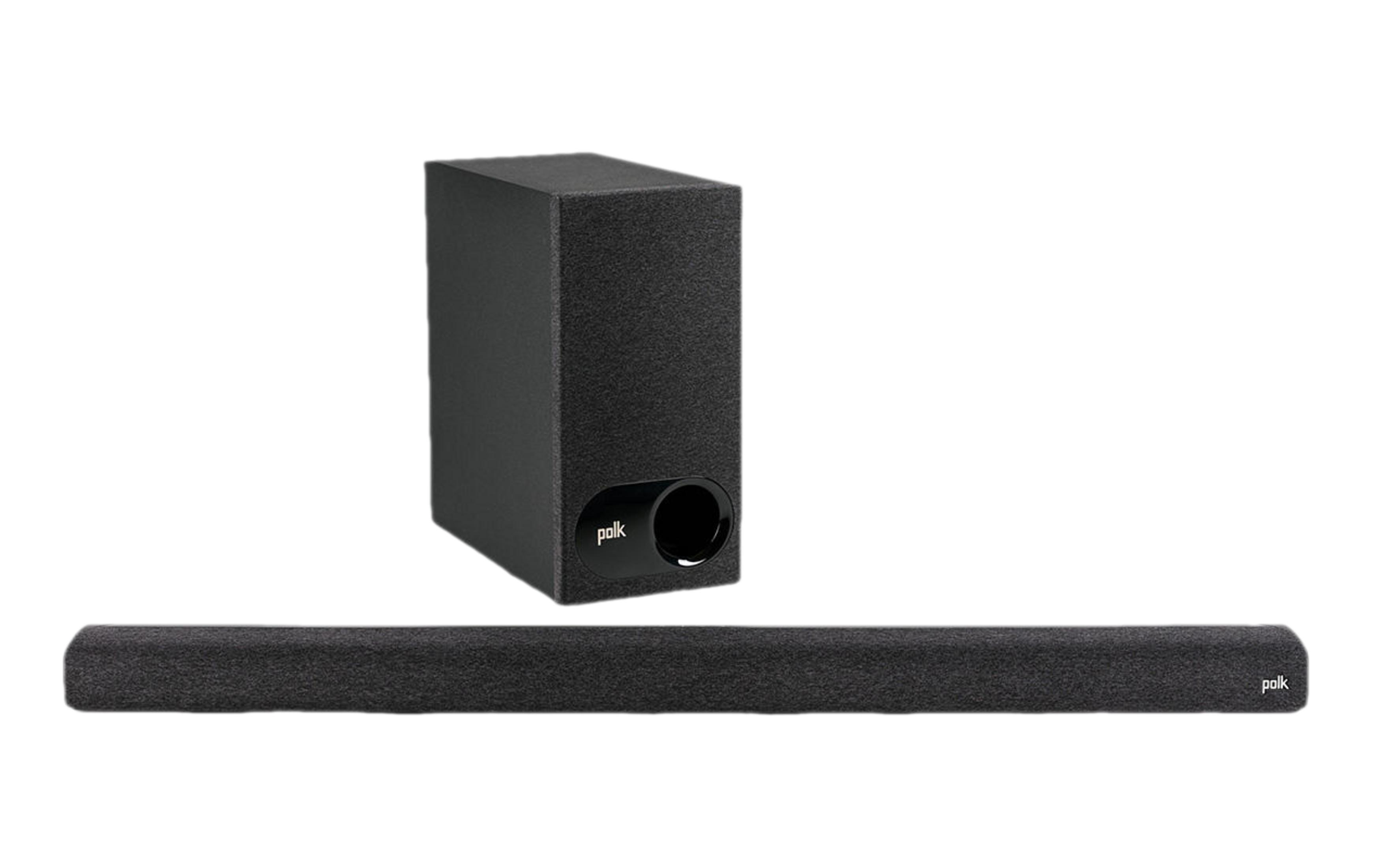 Ein schwarzer Subwoofer und eine Soundbar mit dem Polk-Logo.