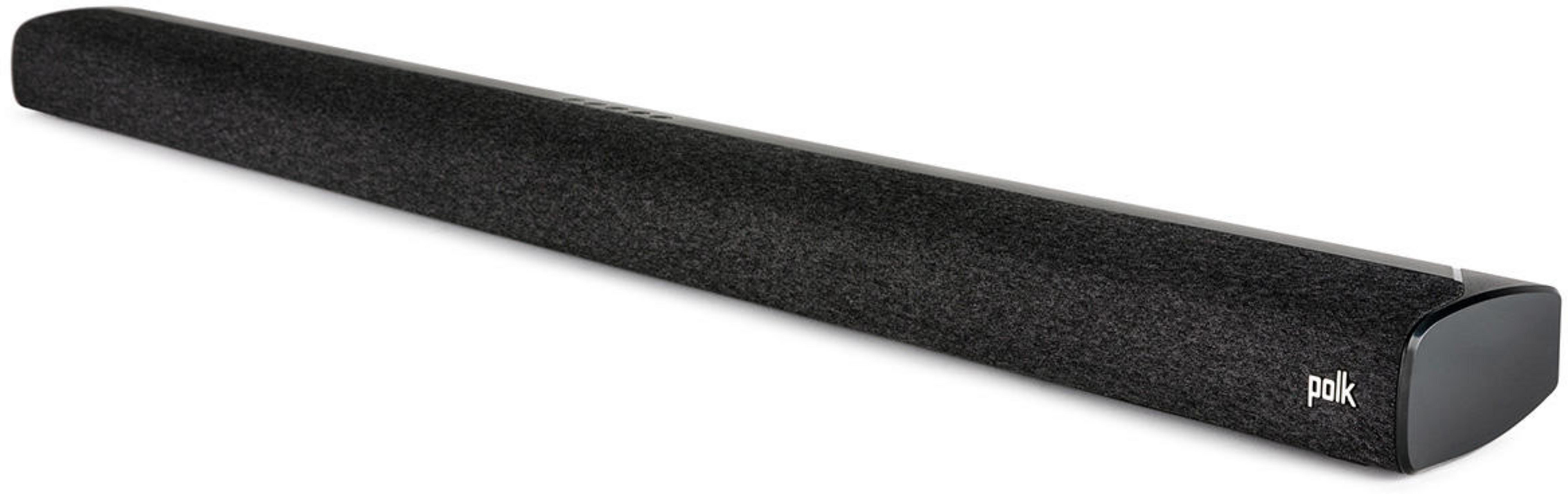 Ein schwarzer Polk-Soundbar auf weißem Hintergrund.