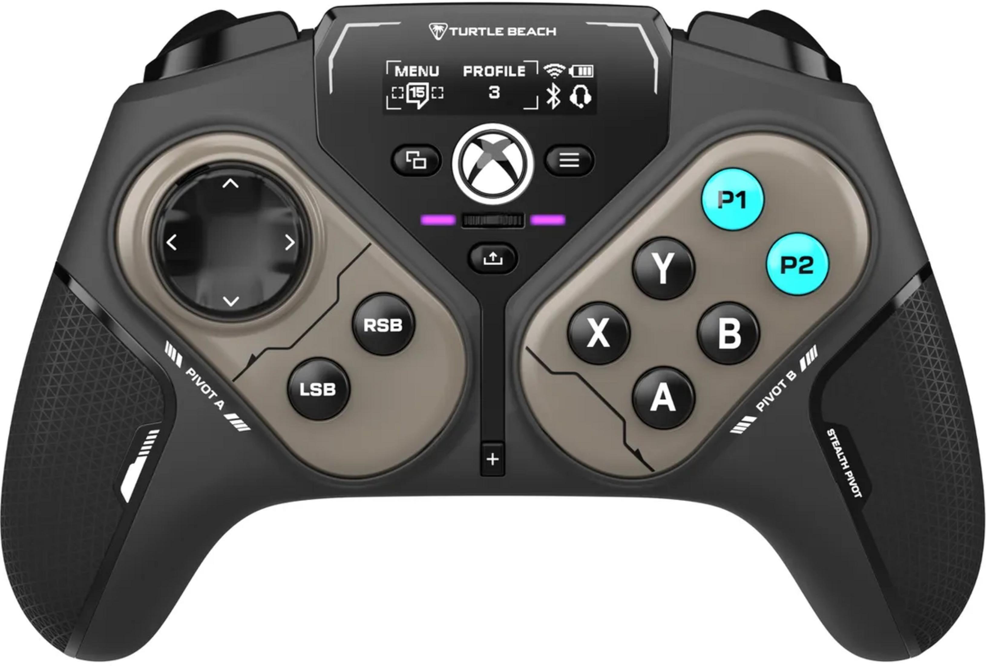 Un controller da gioco nero Turtle Beach con accenti dorati e un piccolo schermo.