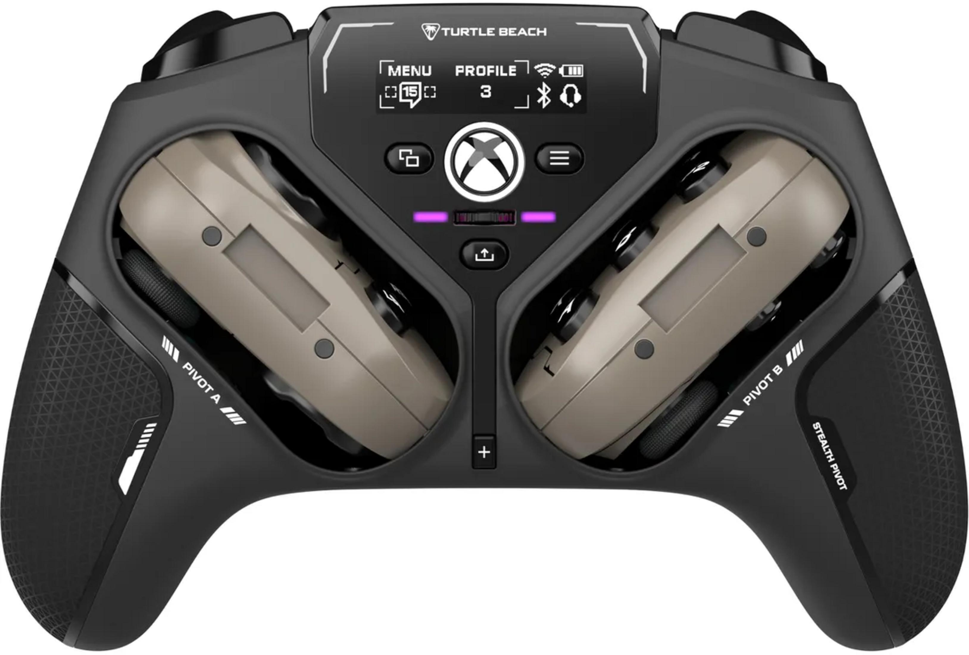 Un controller Xbox nero con due sezioni di impugnatura beige e un piccolo schermo.