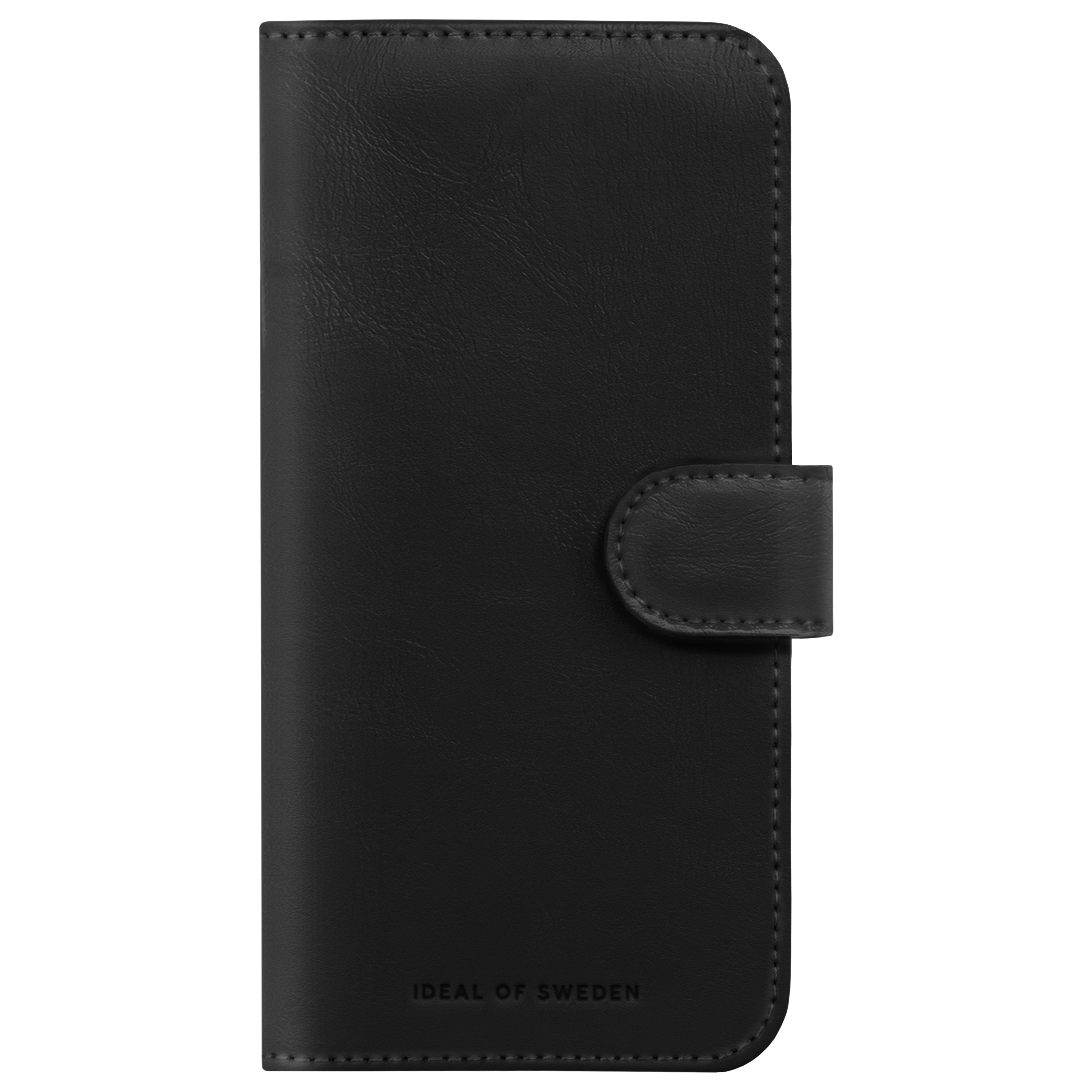 Schwarzes Leder-Flip-Case für ein Smartphone mit Markenlogo.