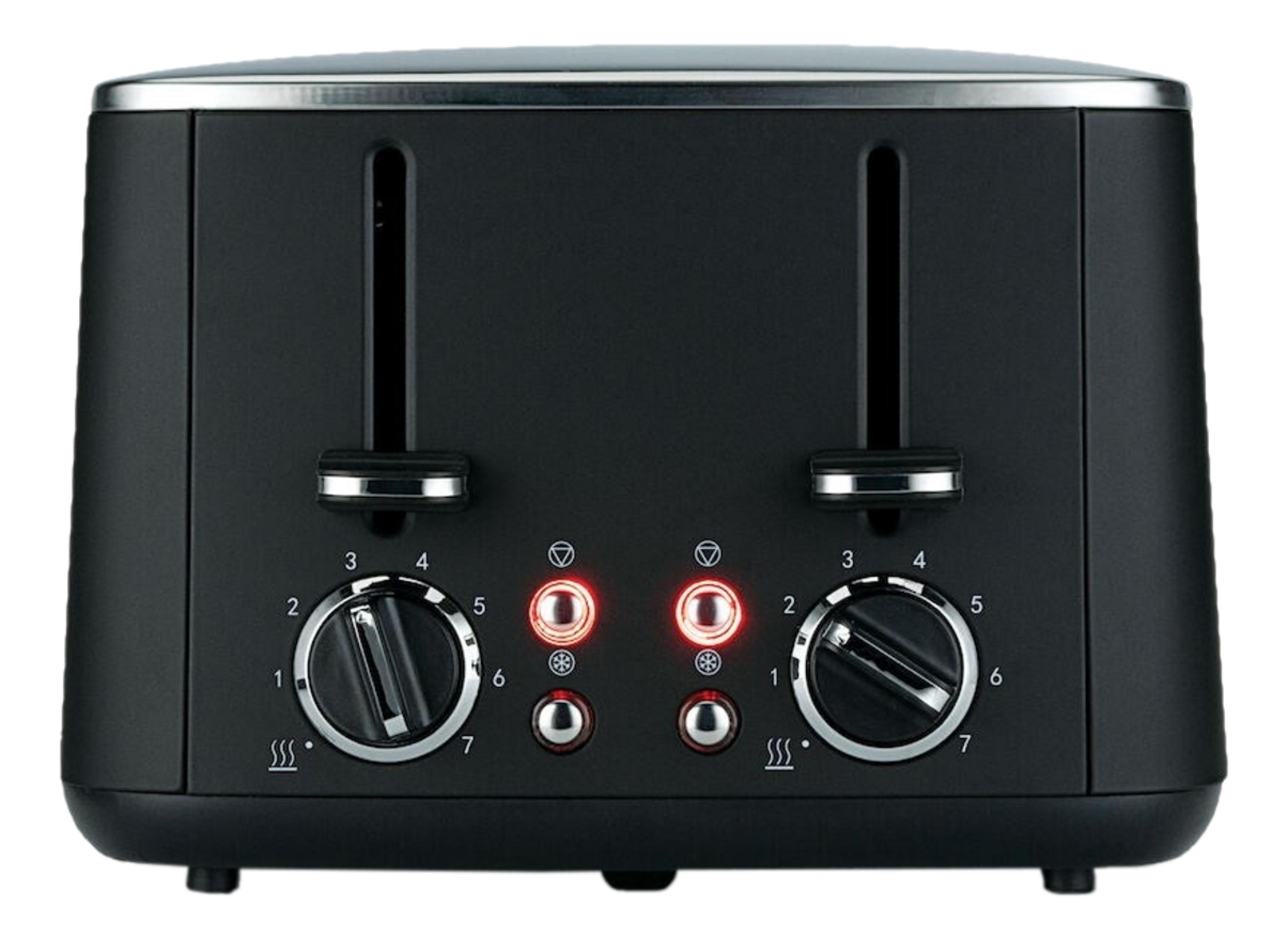 Ein schwarzer Toaster mit zwei Schlitzen und Bedienelementen.
