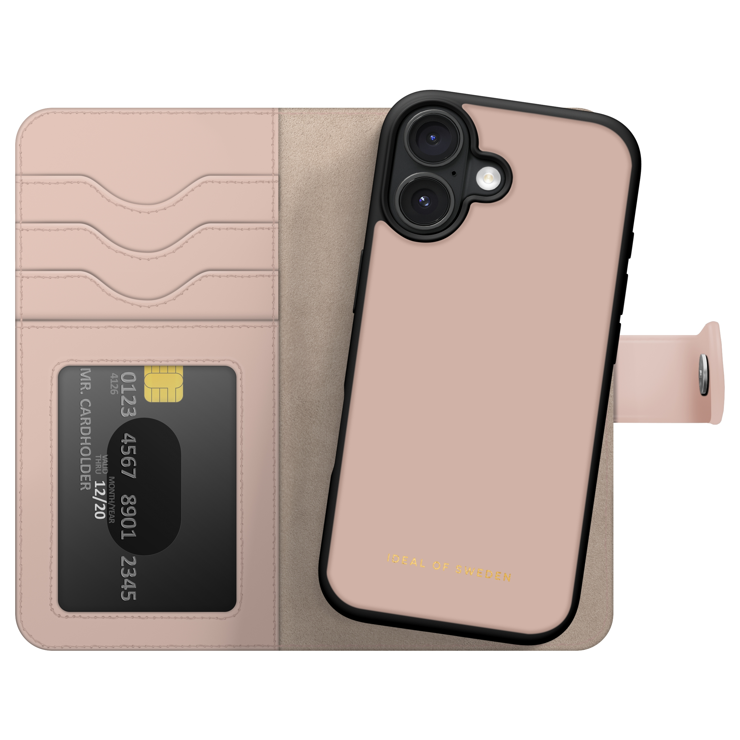Ein rosafarbenes Kartenetui mit einem Telefon, das eine rosa Hülle mit Kameras hat.