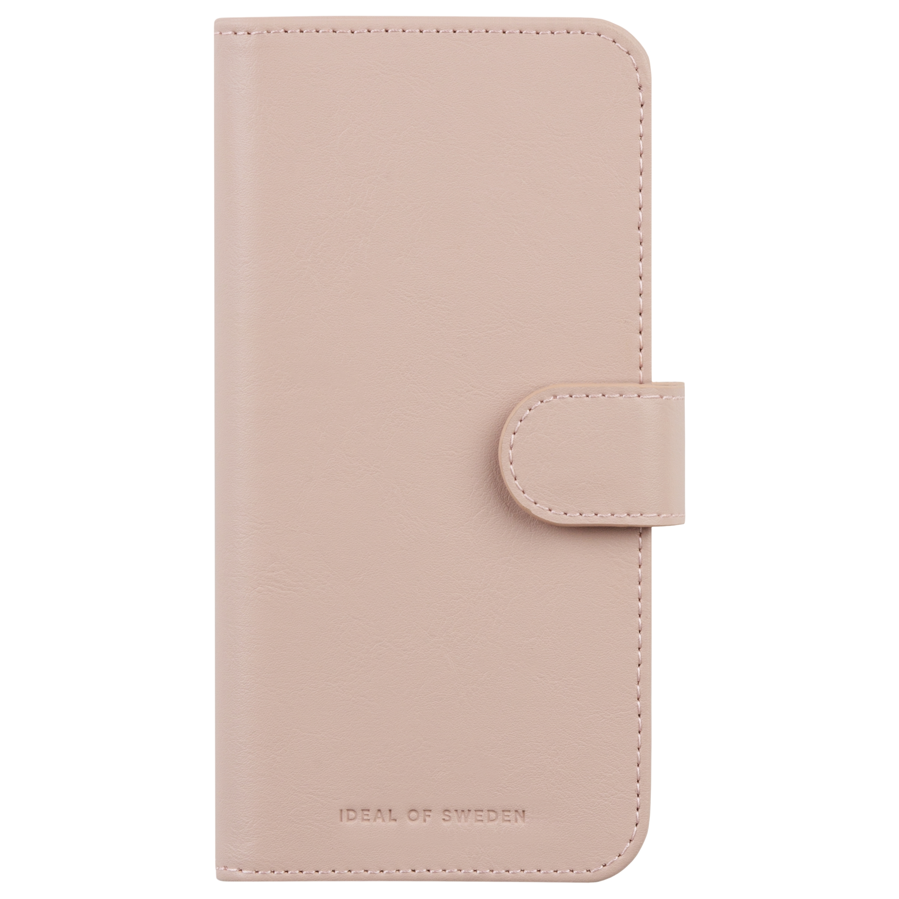Ein staubiges rosa Handyhülle aus Leder mit einem Knopfverschluss.
