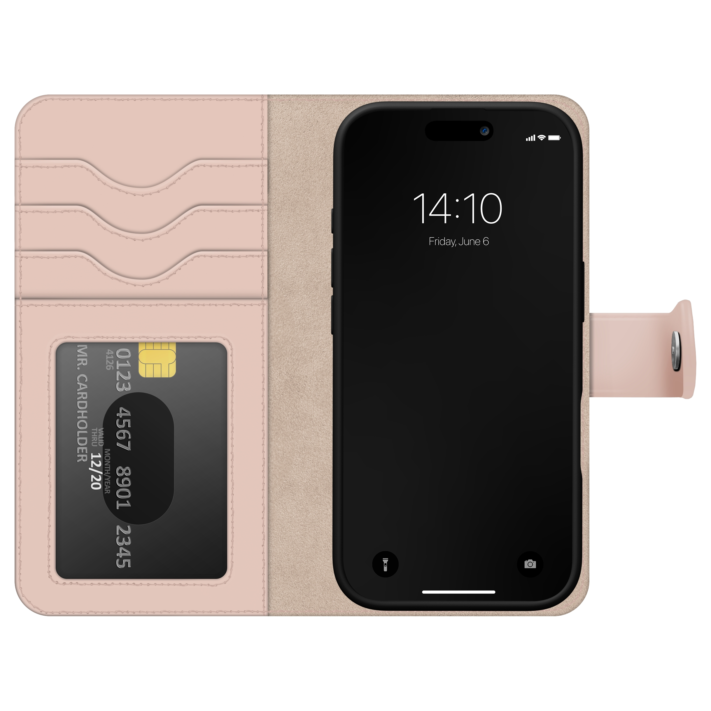 Ein rosa iPhone-Etui mit Kartenhalter zeigt ein Smartphone mit 14:10 Uhr an.