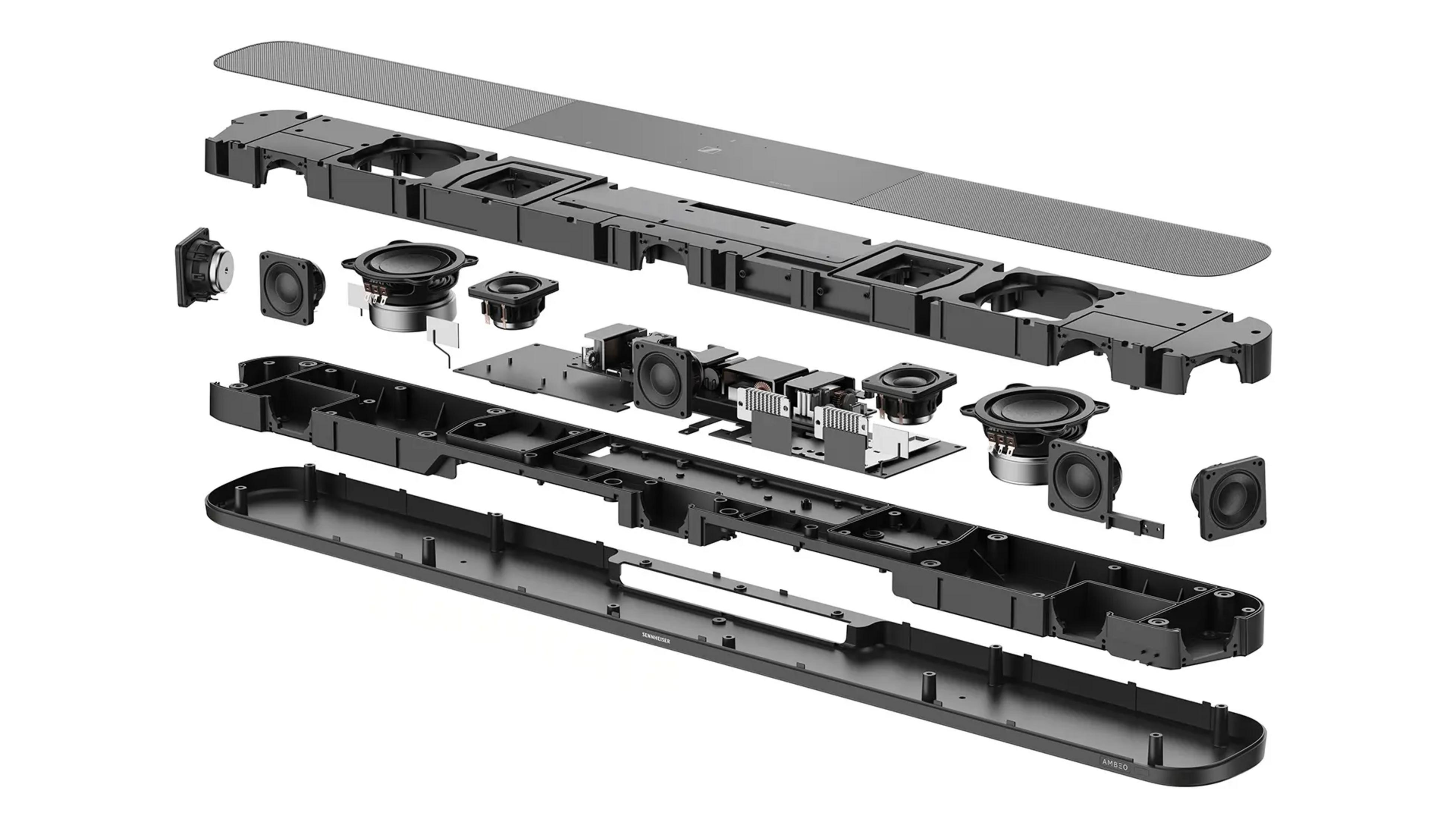 Explodierte Ansicht einer schwarzen Soundbar mit Lautsprechern und interner Struktur.