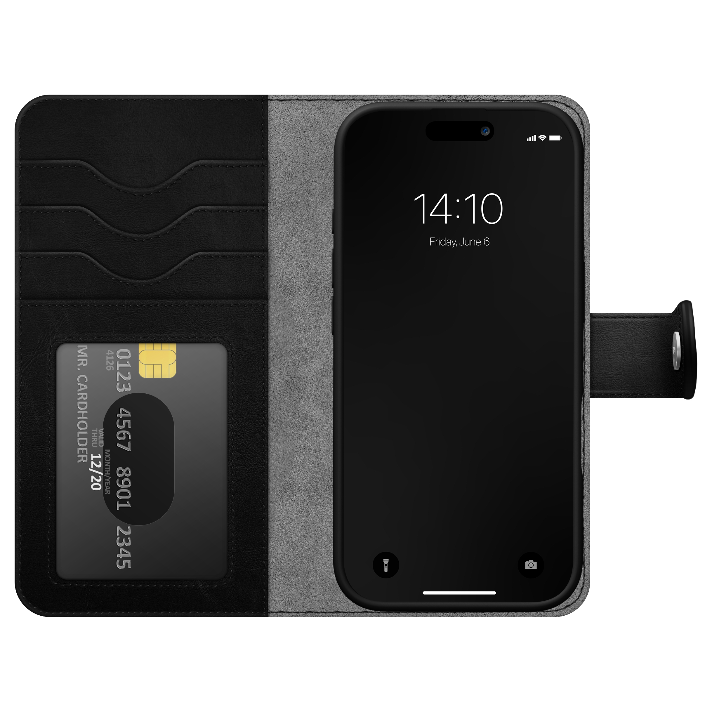 Eine schwarze Leder-Wallet-Hülle enthält ein Telefon und eine Kreditkarte. Das Telefon zeigt 14:10.