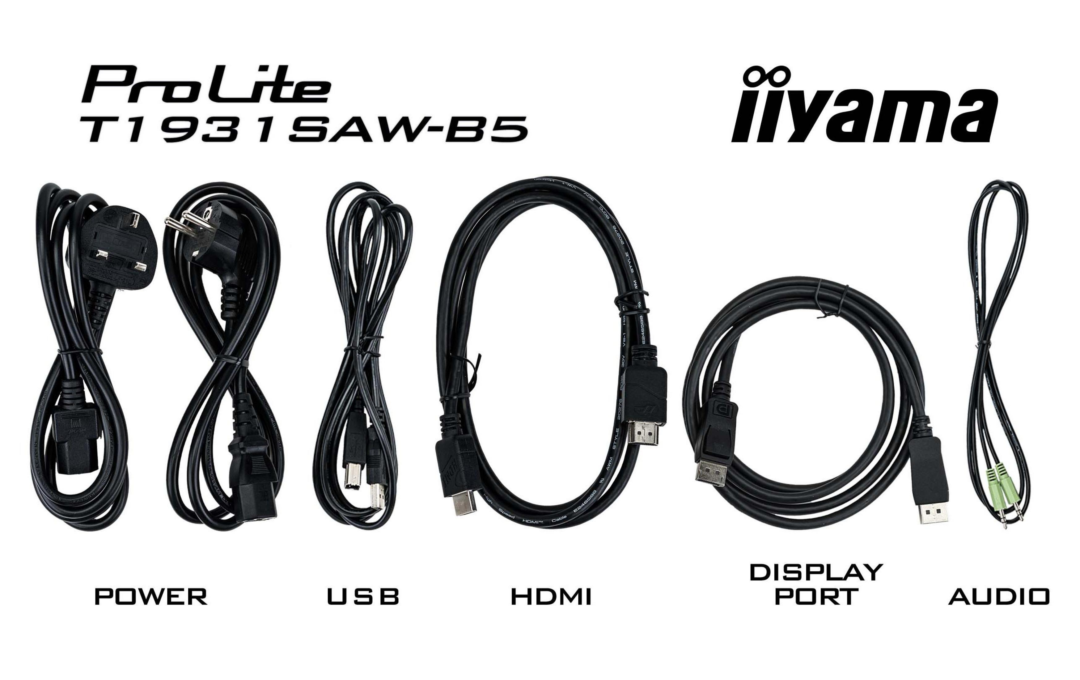 Cinque cavi neri: alimentazione, USB, HDMI, Display Port e audio.