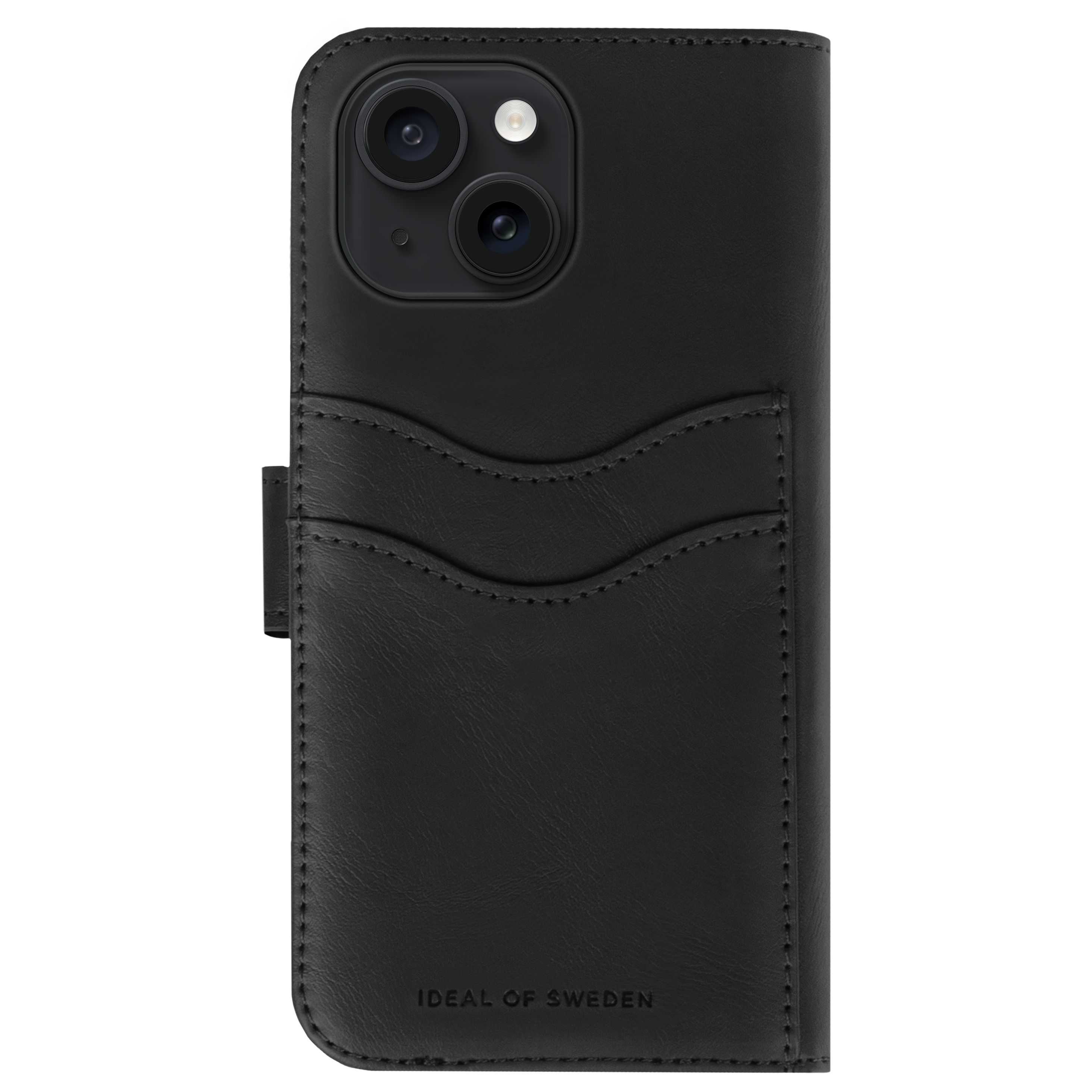 Zwarte leren iPhone hoes met kaartsleuven en camera-uitsparing.