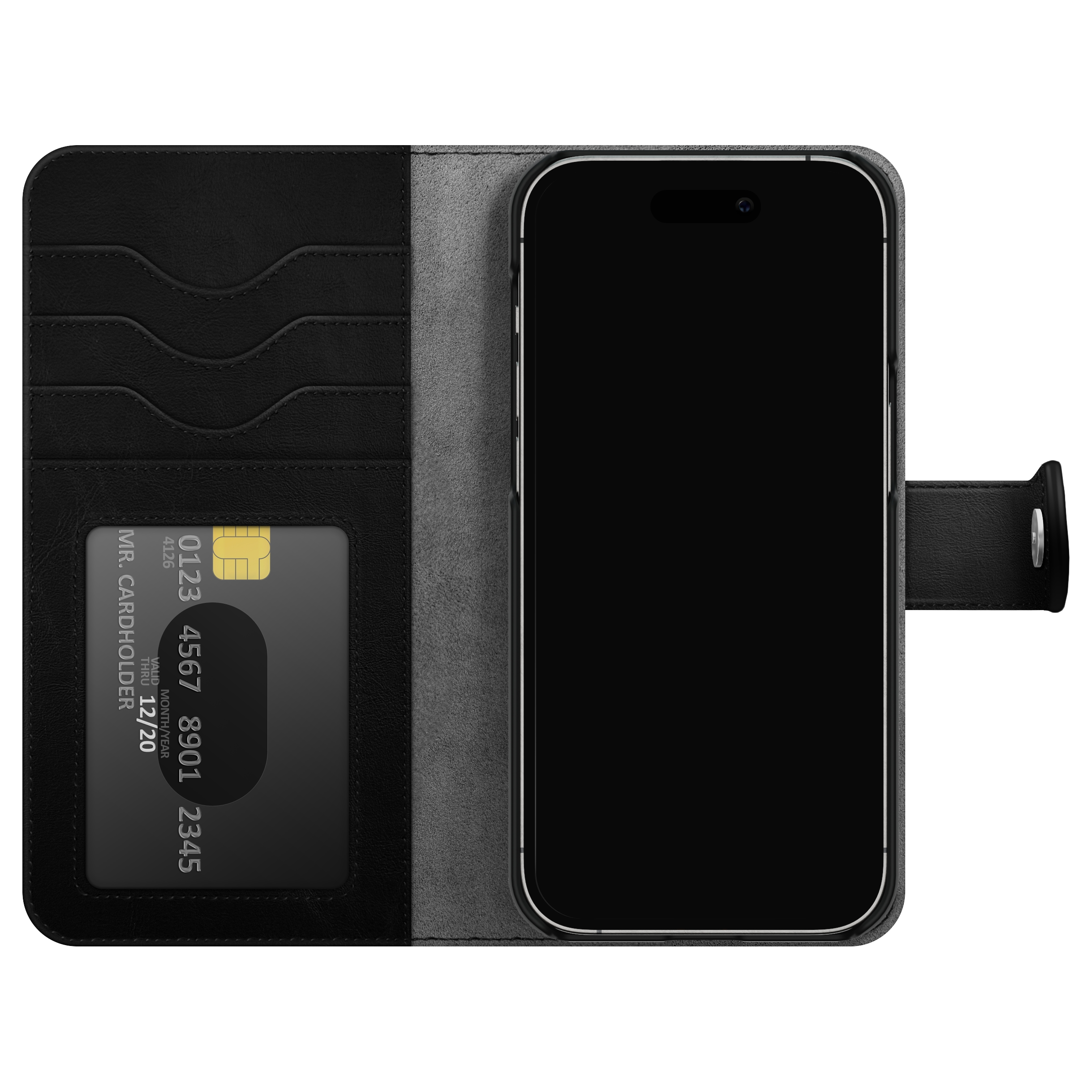 Zwarte flip telefoonhoes met kaartsleuven en een creditcard.