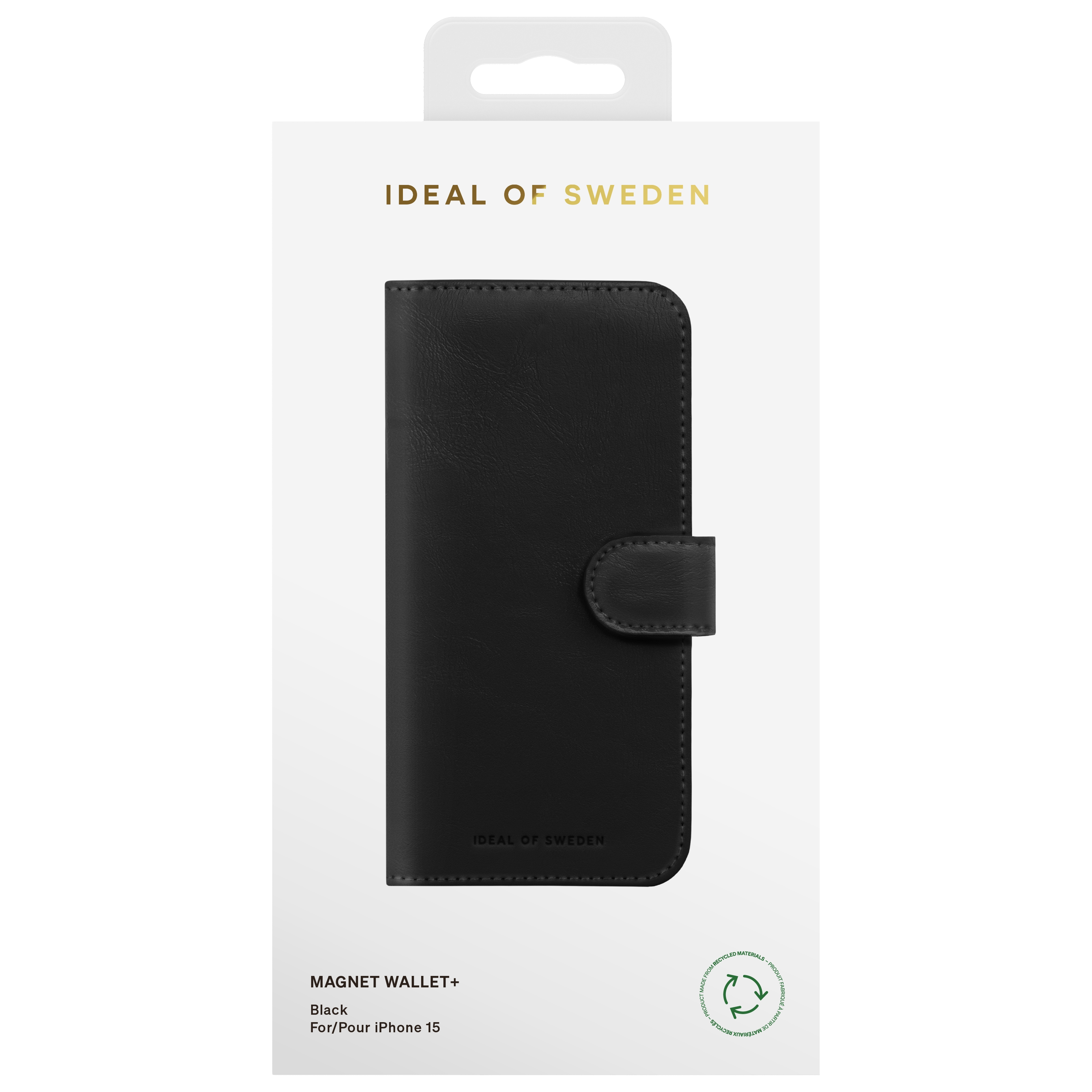 Zwarte IDEAL OF SWEDEN Magnet Wallet+ voor iPhone 15.