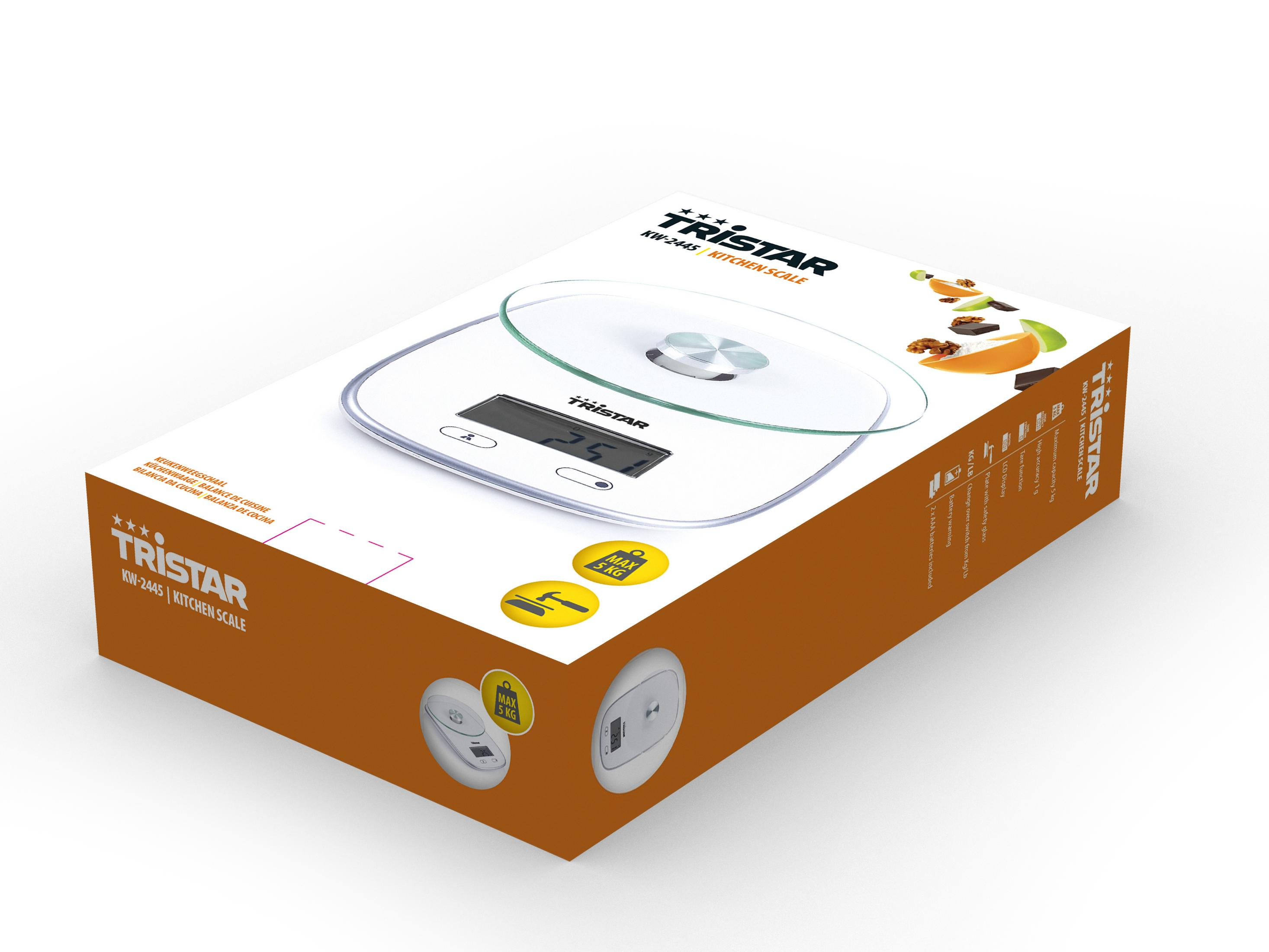 Weiße digitale Küchenwaage mit Glasplatte und orangefarbener Verpackung.