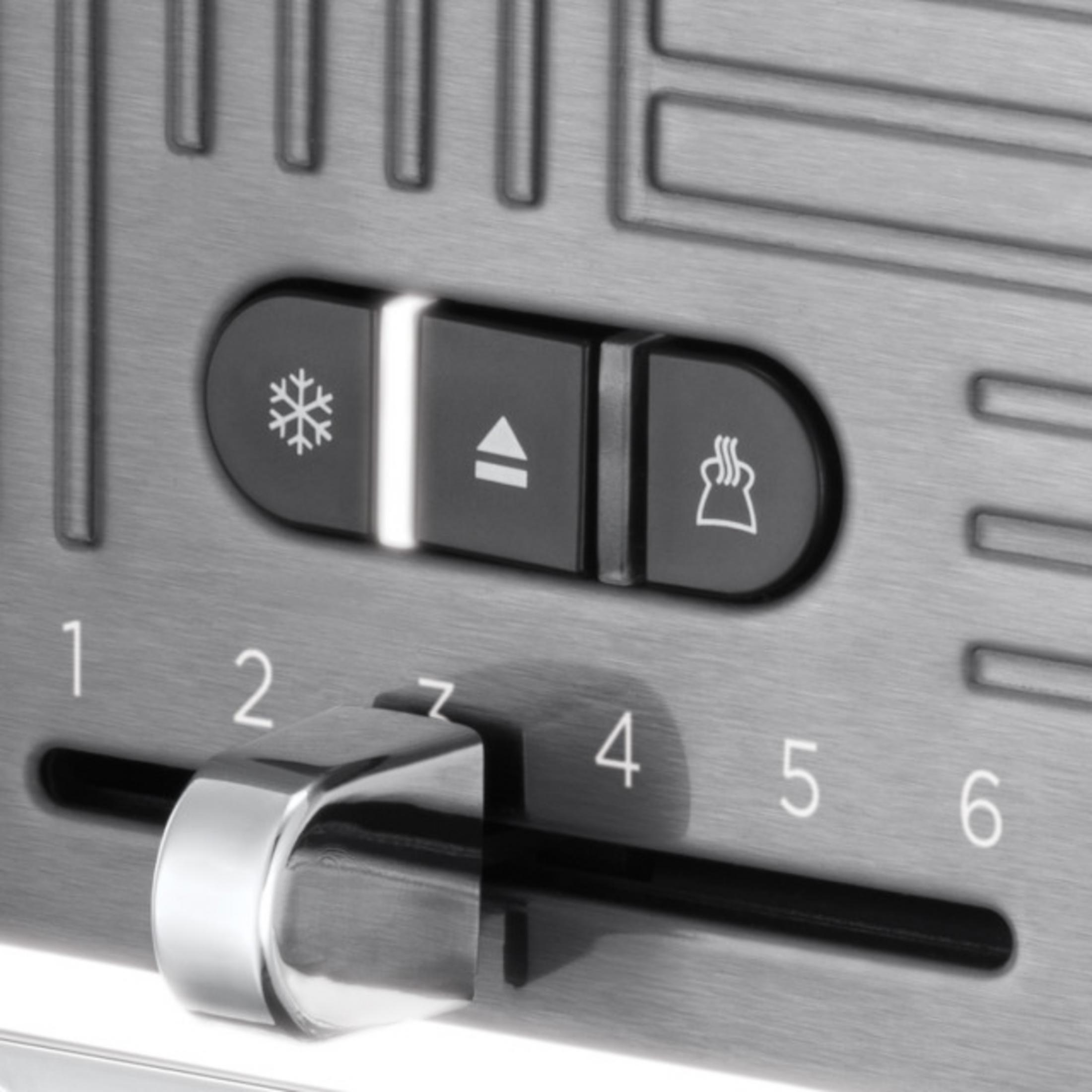 Edelstahl-Toaster-Bedienelemente mit Frost-, Aufwärts-/Abwärts- und Wärmesymbolen.