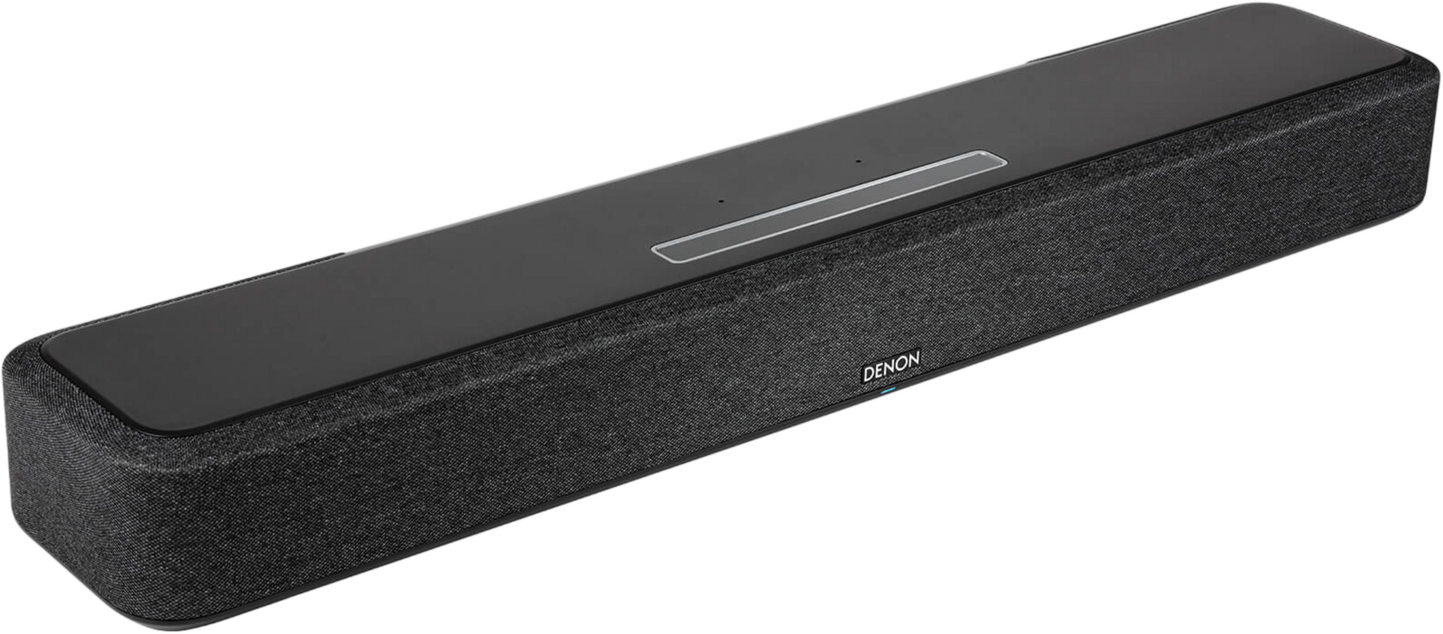 A black Denon soundbar with a textured fabric front and a glossy top.