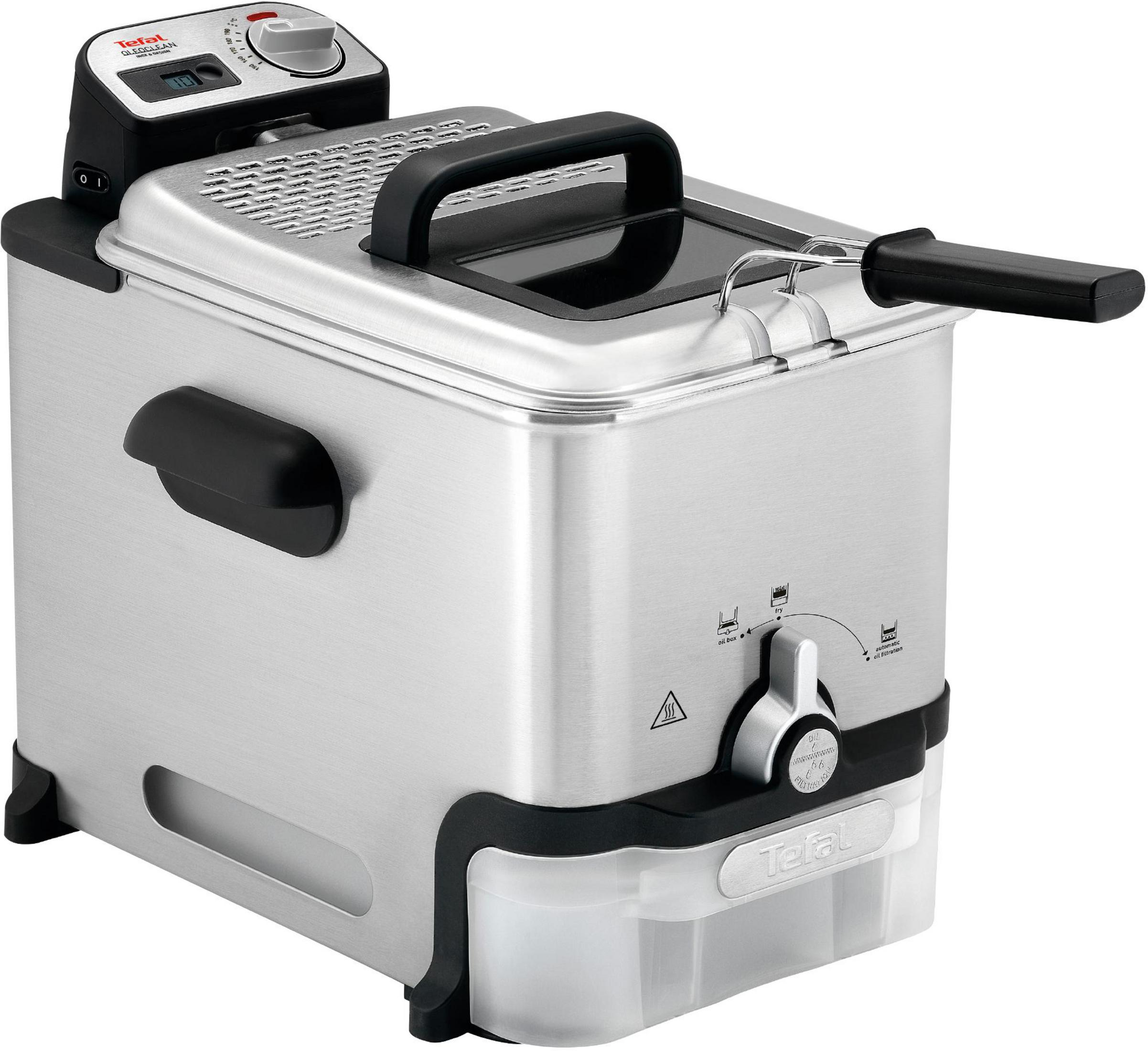 Edelstahl-Fritteuse mit digitaler Anzeige, Timer und Ölfilterfunktion.