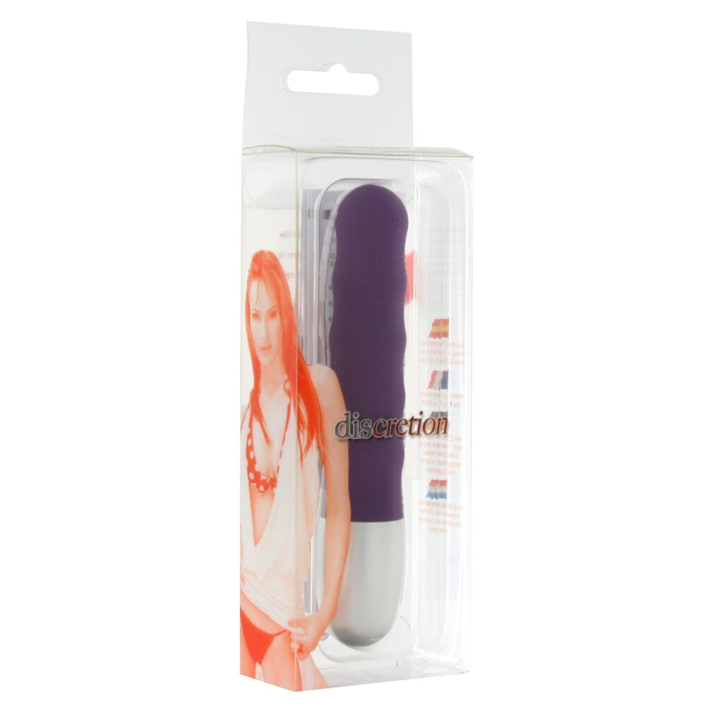 Empaque de producto con un vibrador morado y una mujer en bikini.