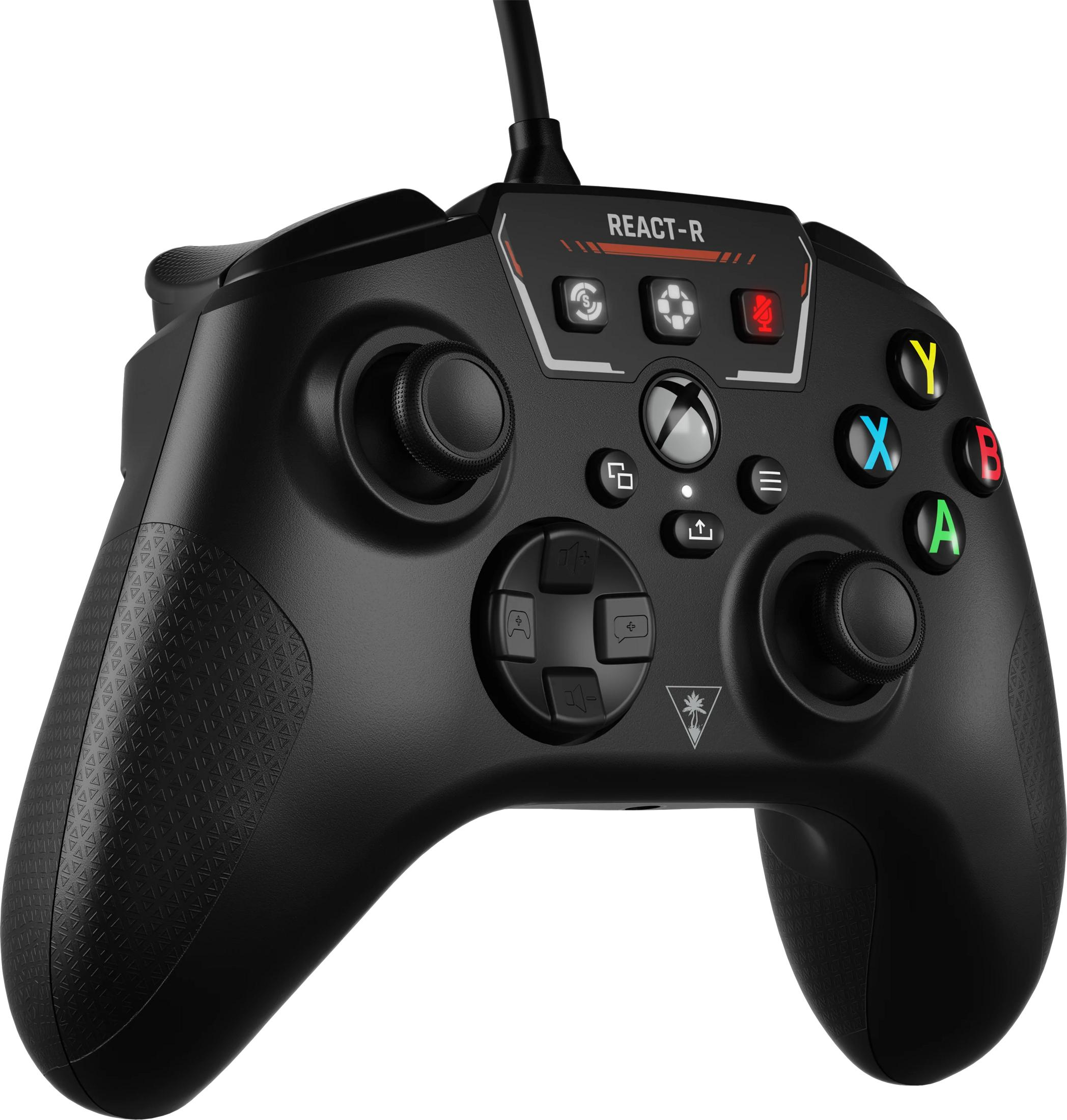Schwarzer Gaming-Controller mit roten und blauen Tasten sowie einem Xbox-Symbol.
