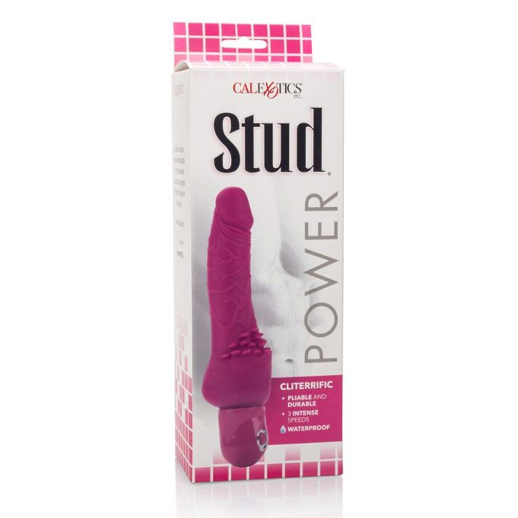 Lila Vibrator mit Text 'Stud Power' auf der Verpackung.