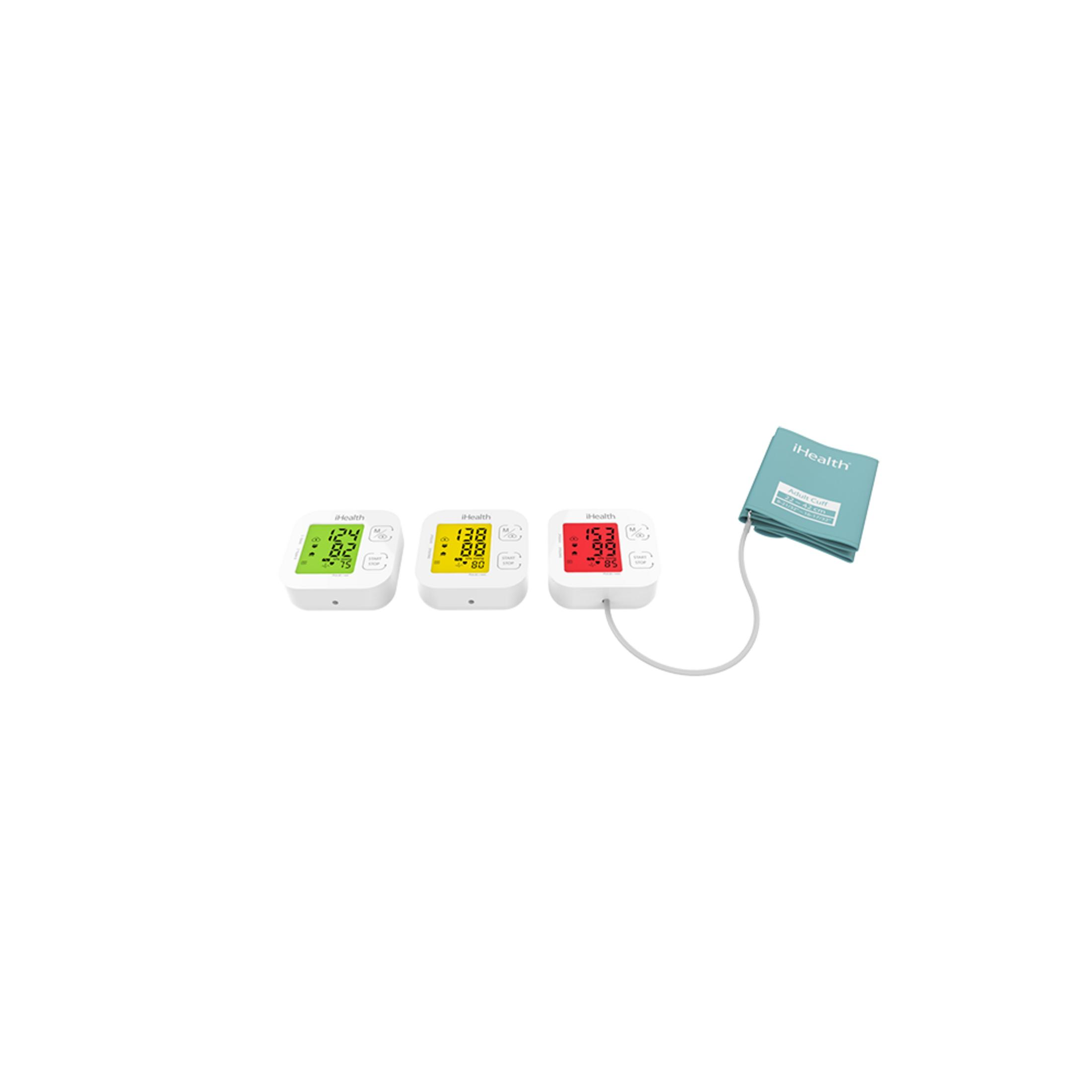 Tres tensiómetros iHealth con manguito. Uno verde, uno amarillo, uno rojo.