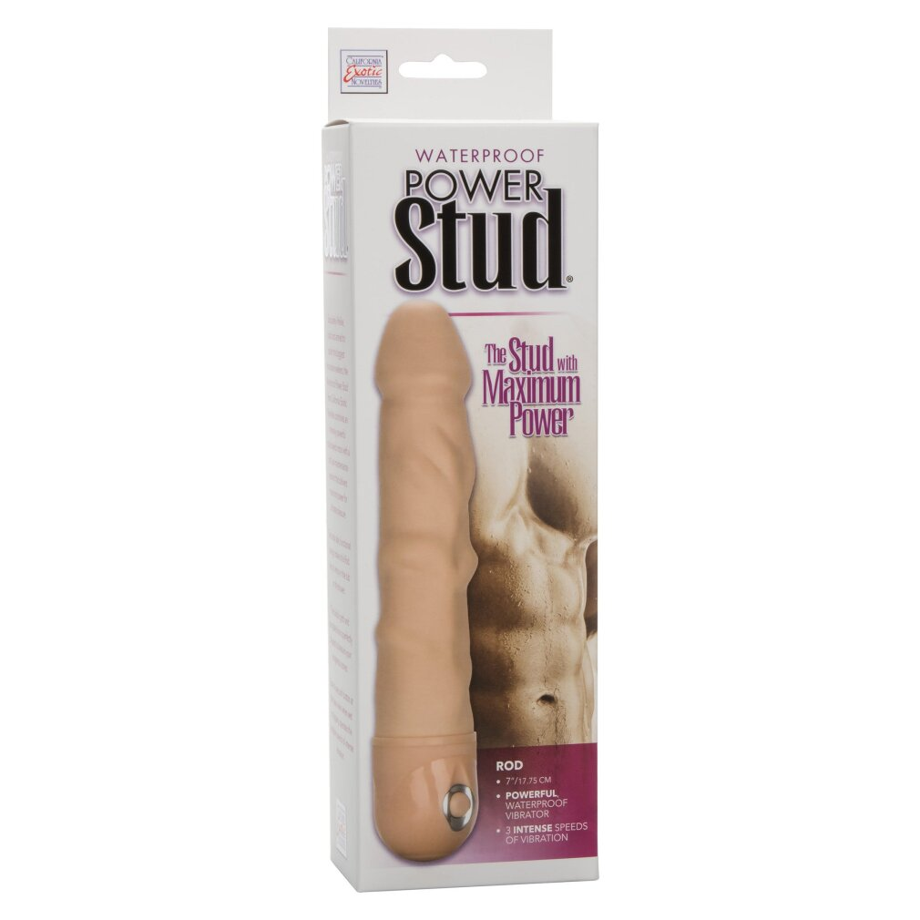 Verpackung für einen beigen, gerippten Vibrator mit dem Aufdruck 'Power Stud'.