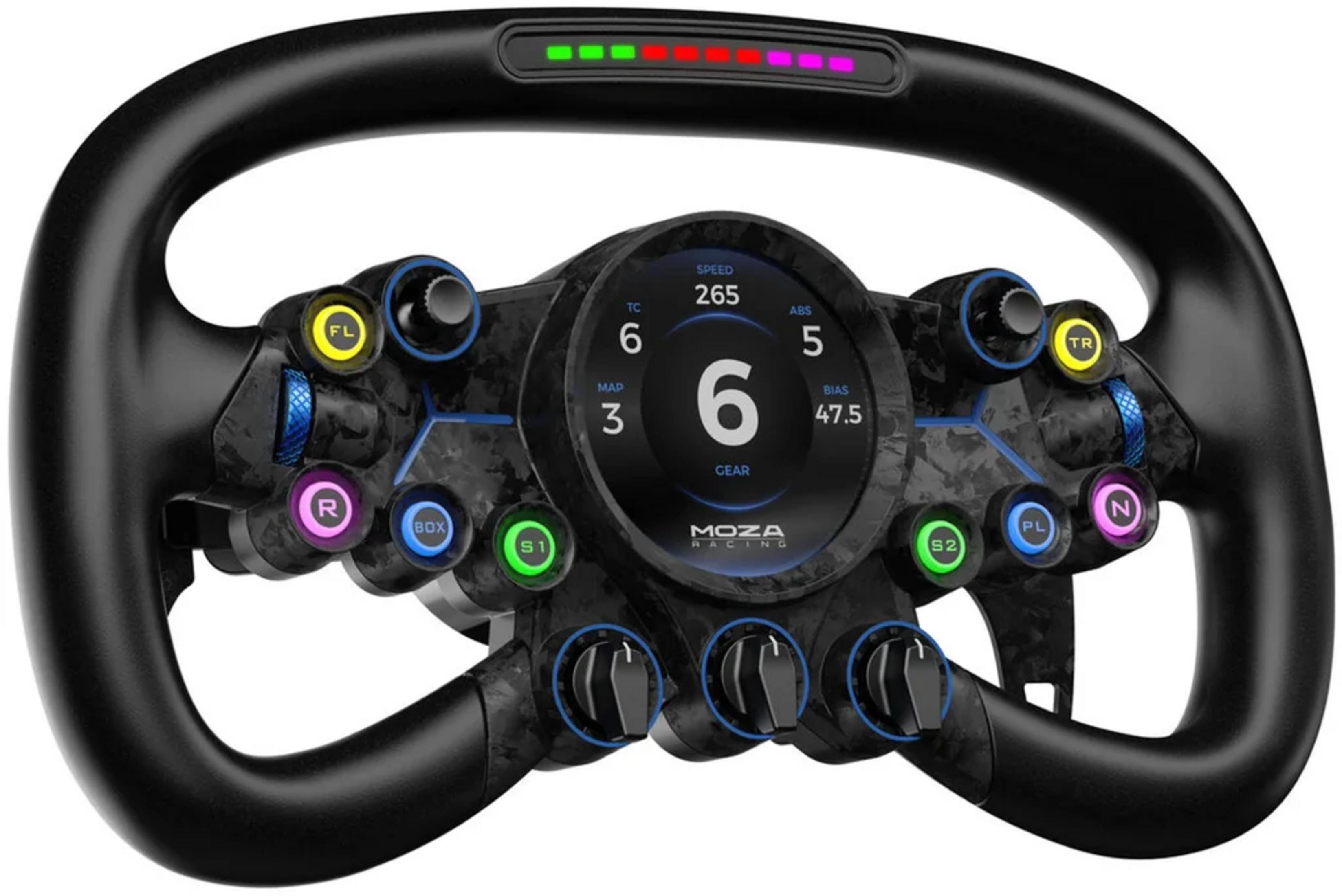 Un volant de course noir avec affichages numériques et de nombreux boutons.