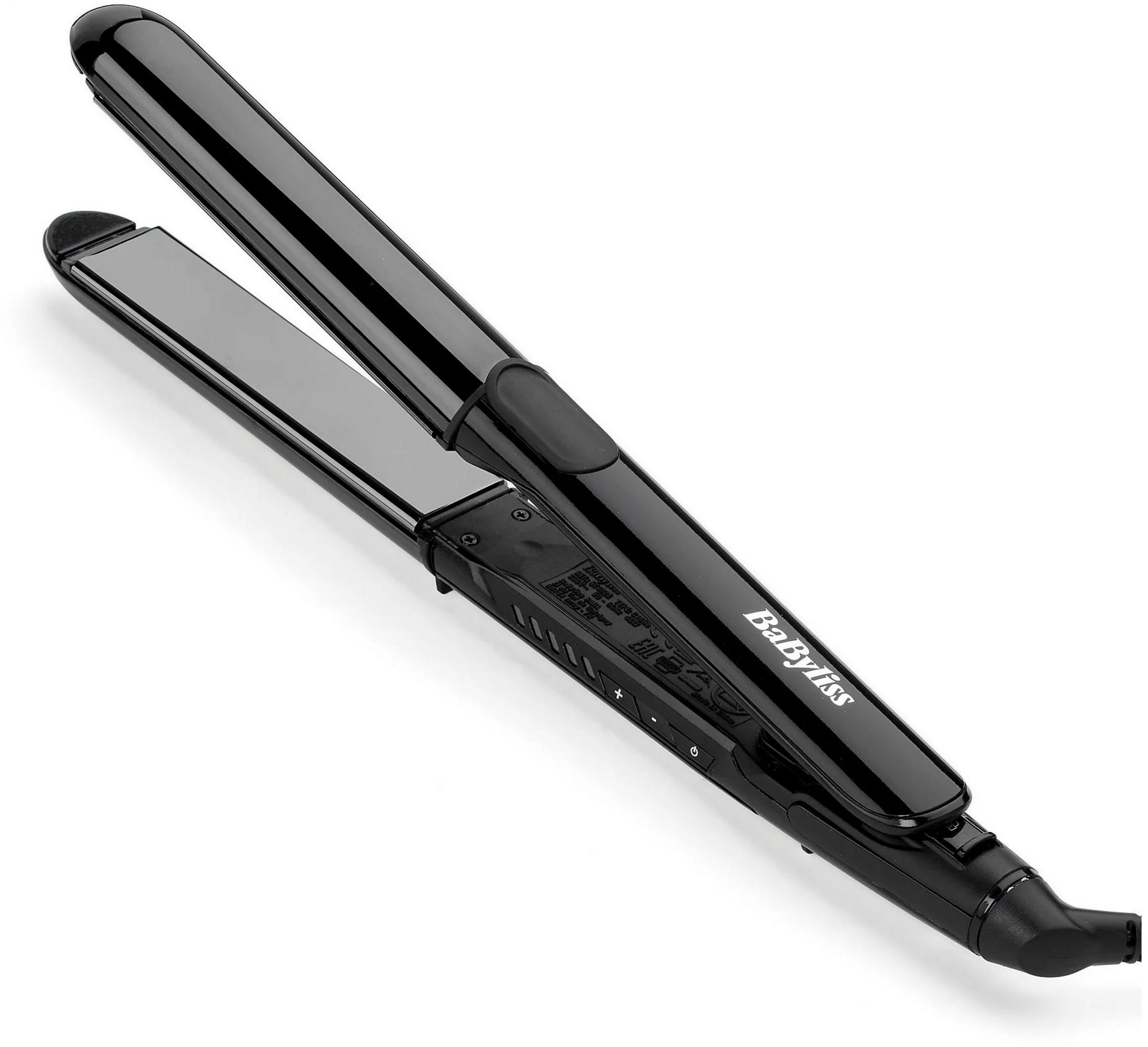 Czarna prostownica z błyszczącymi płytkami i logo Babyliss.
