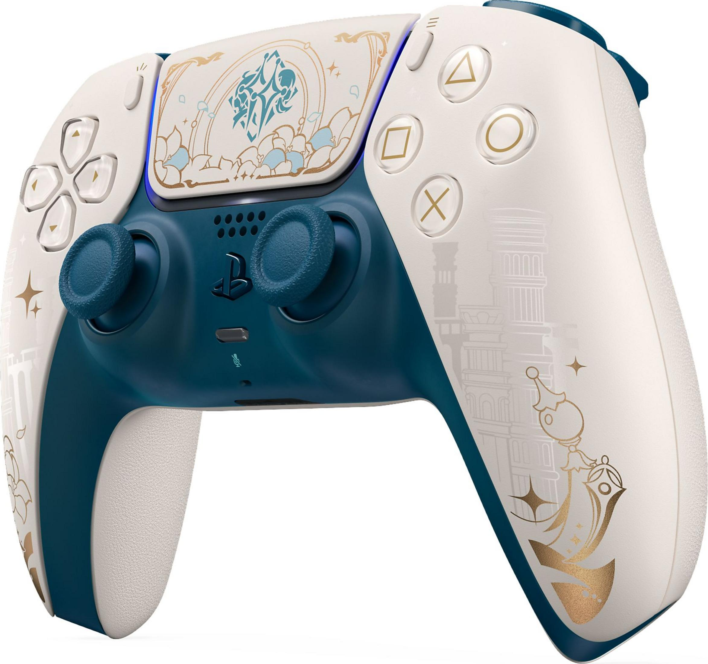 Ein weiß-blauer Controller mit goldenen Verzierungen, Symbolen und Architekturdetails.
