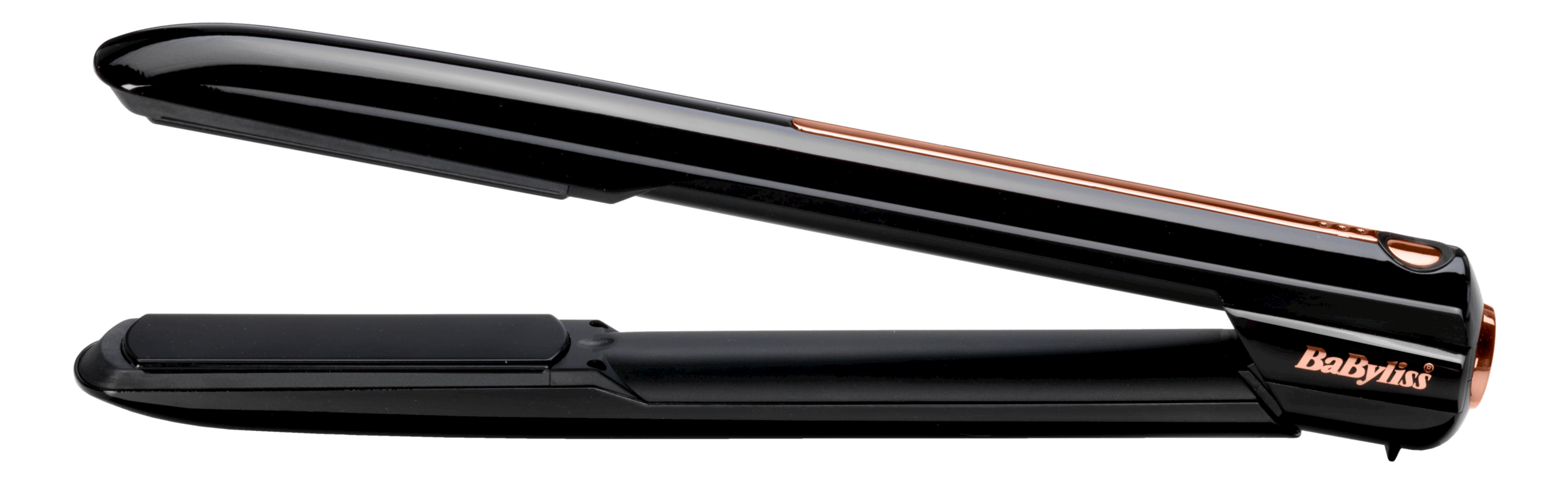 Schwarzer Glätteisen mit kupferfarbenen Akzenten und BaByliss-Logo.