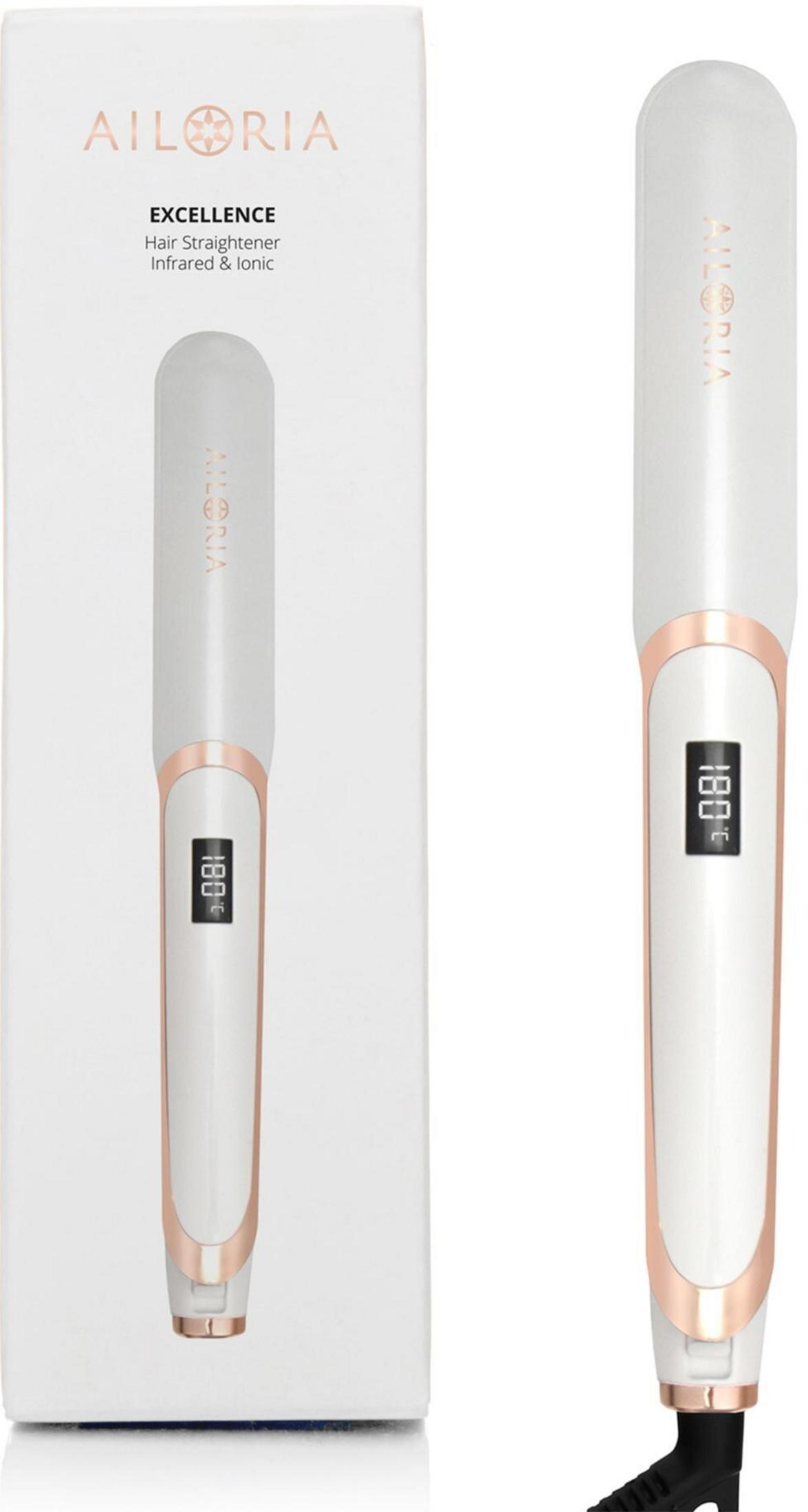 Plancha de pelo blanca con pantalla digital de temperatura y detalles en oro rosa en embalaje.