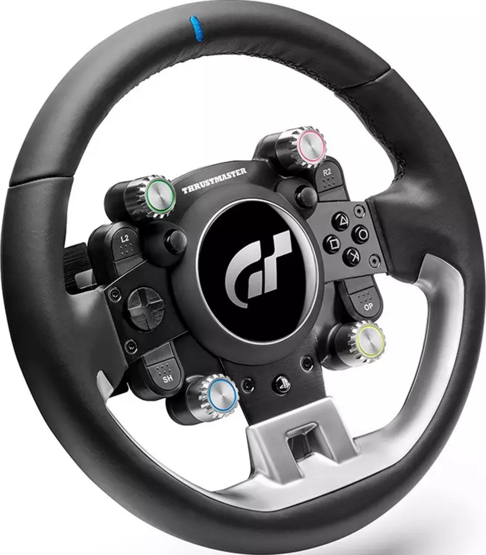 Black steering wheel with silver accents, buttons, and a GT logo.