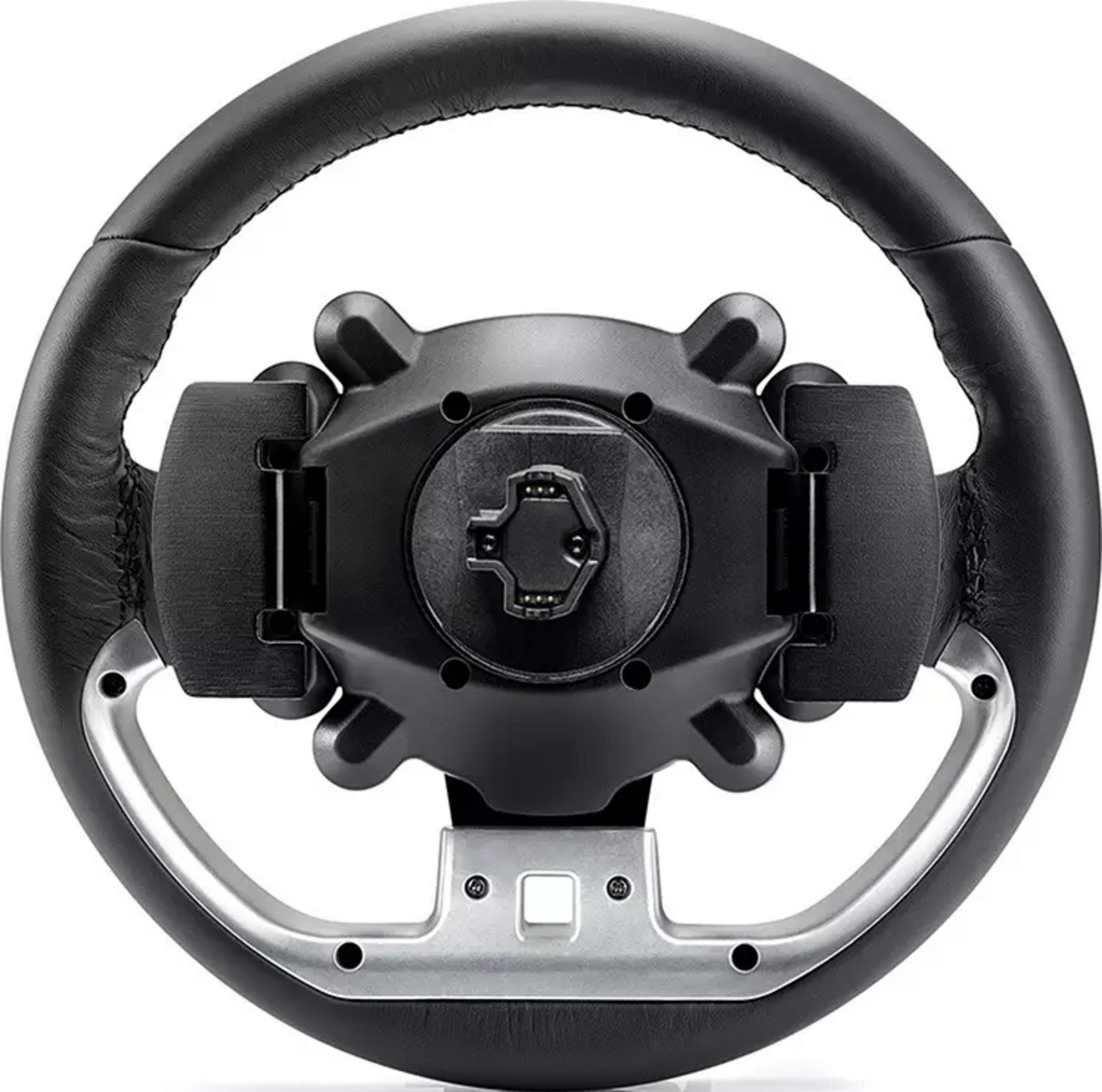 A black steering wheel with silver accents and a black central hub.