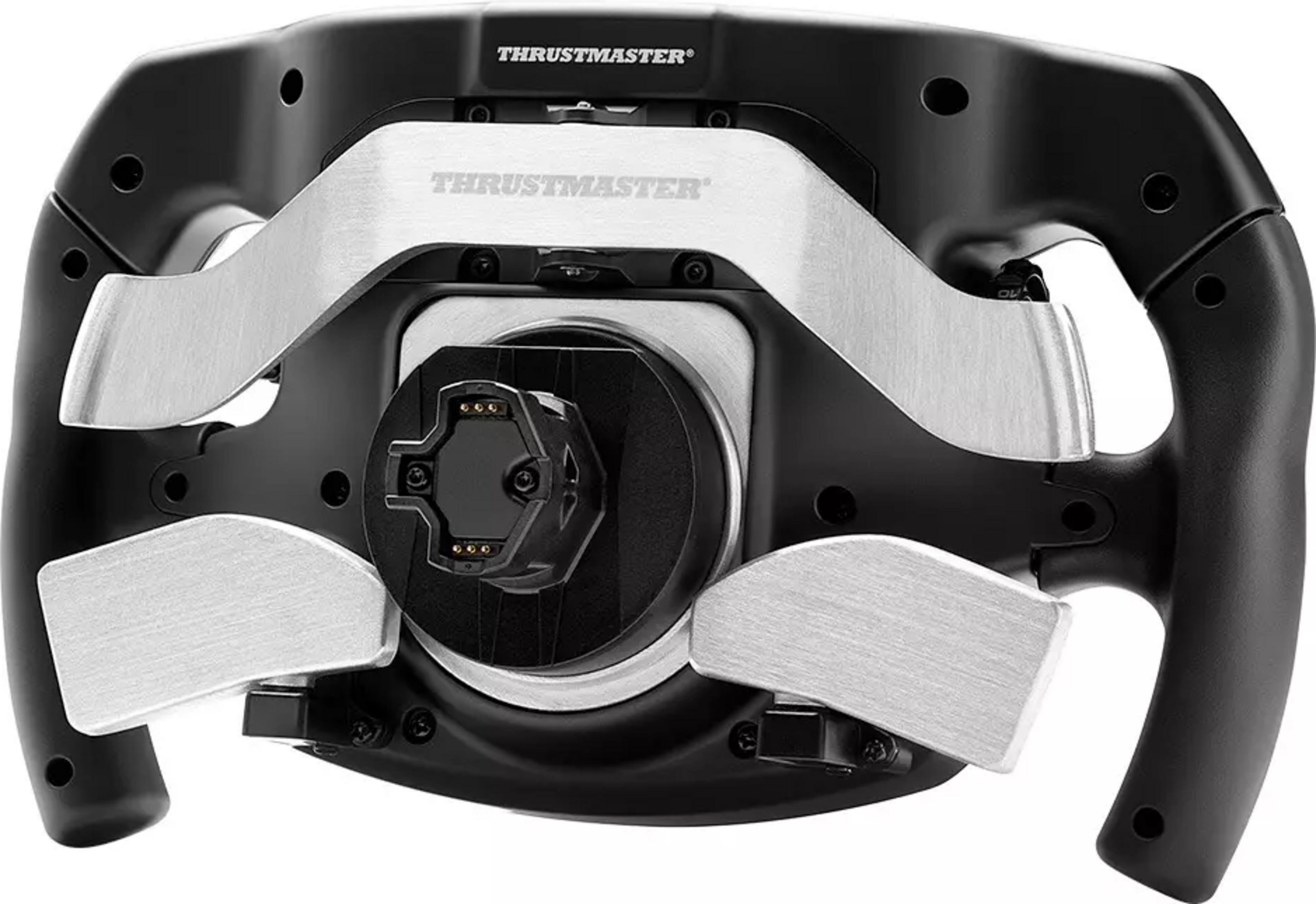 Schwarzes Rennlenkrad mit silbernen Akzenten und Thrustmaster-Logo.