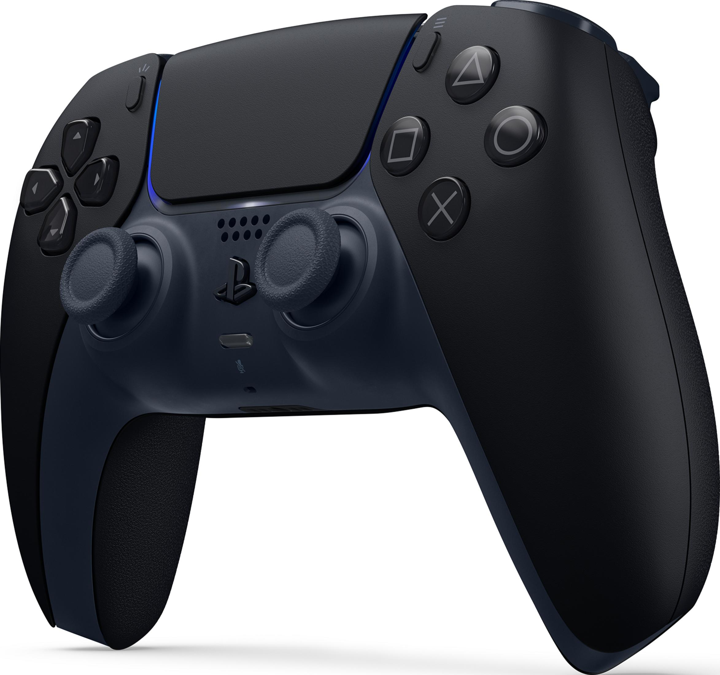 Czarny kontroler PS5 z niebieskimi akcentami, przyciskami i joystickami.