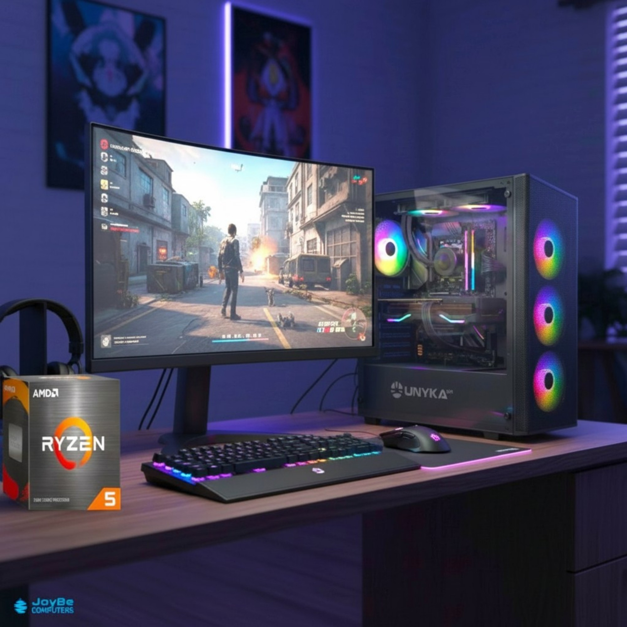 Un PC da gaming con ventole RGB, monitor, tastiera, mouse e CPU AMD Ryzen.