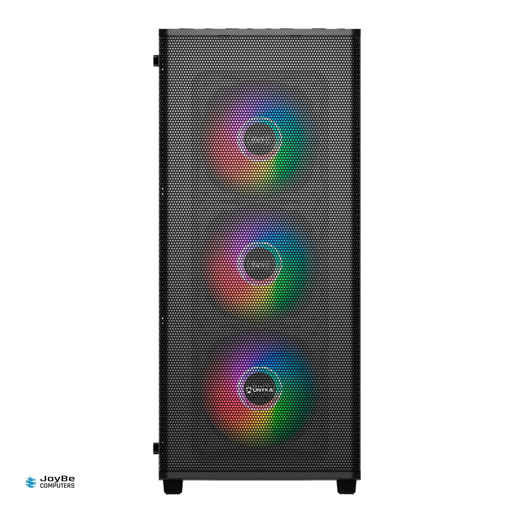Case del computer nero con tre ventole RGB illuminate e pannello frontale perforato.