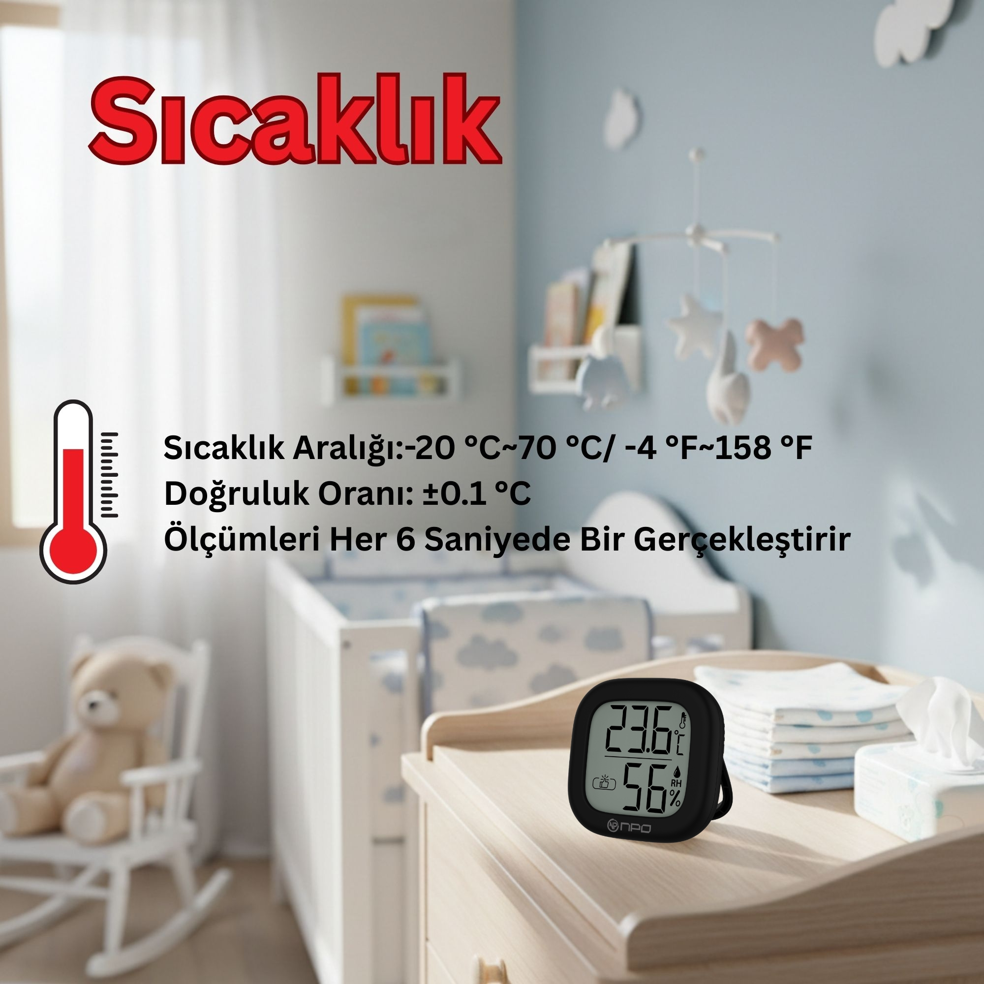 Termometre 23,6°C ve %56 nem gösteriyor, ayıcık yanında.