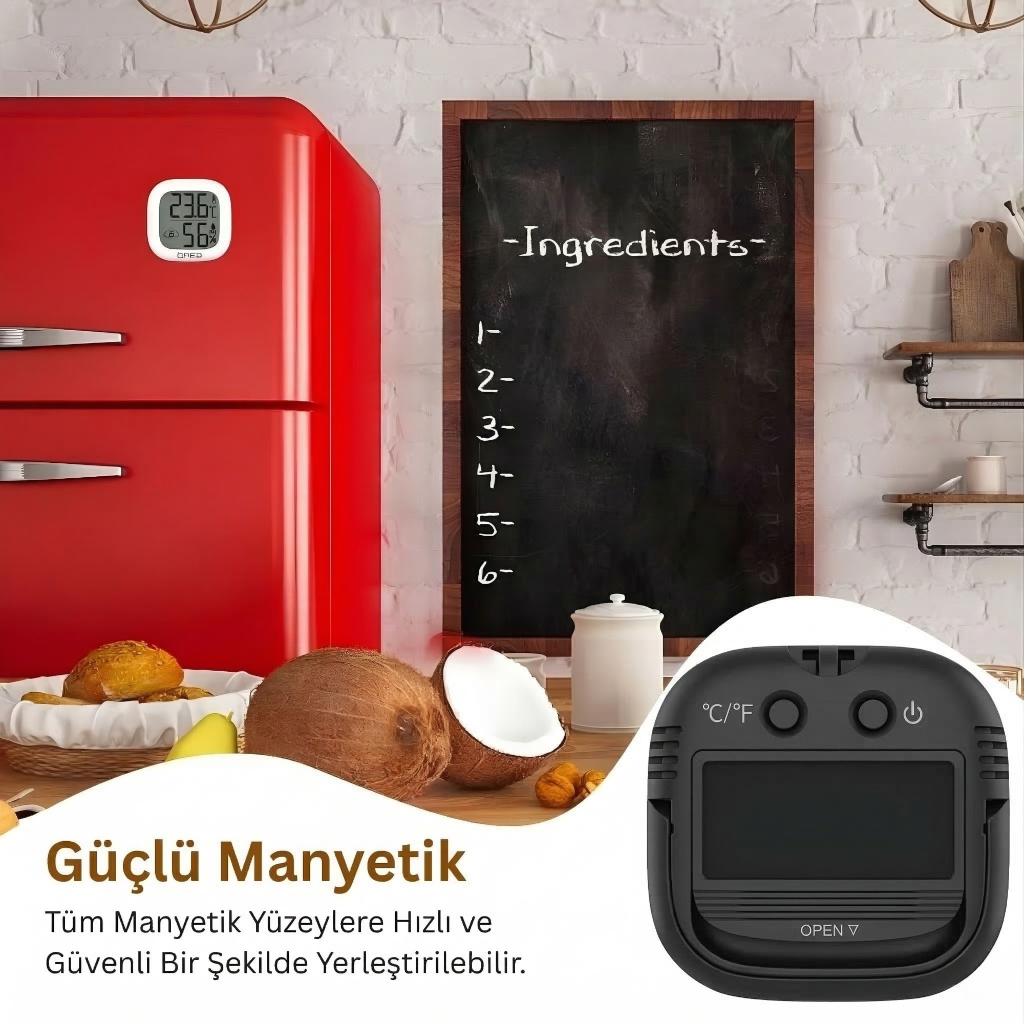 Termometreli, hindistan cevizli, ekmekli kırmızı retro buzdolabı.