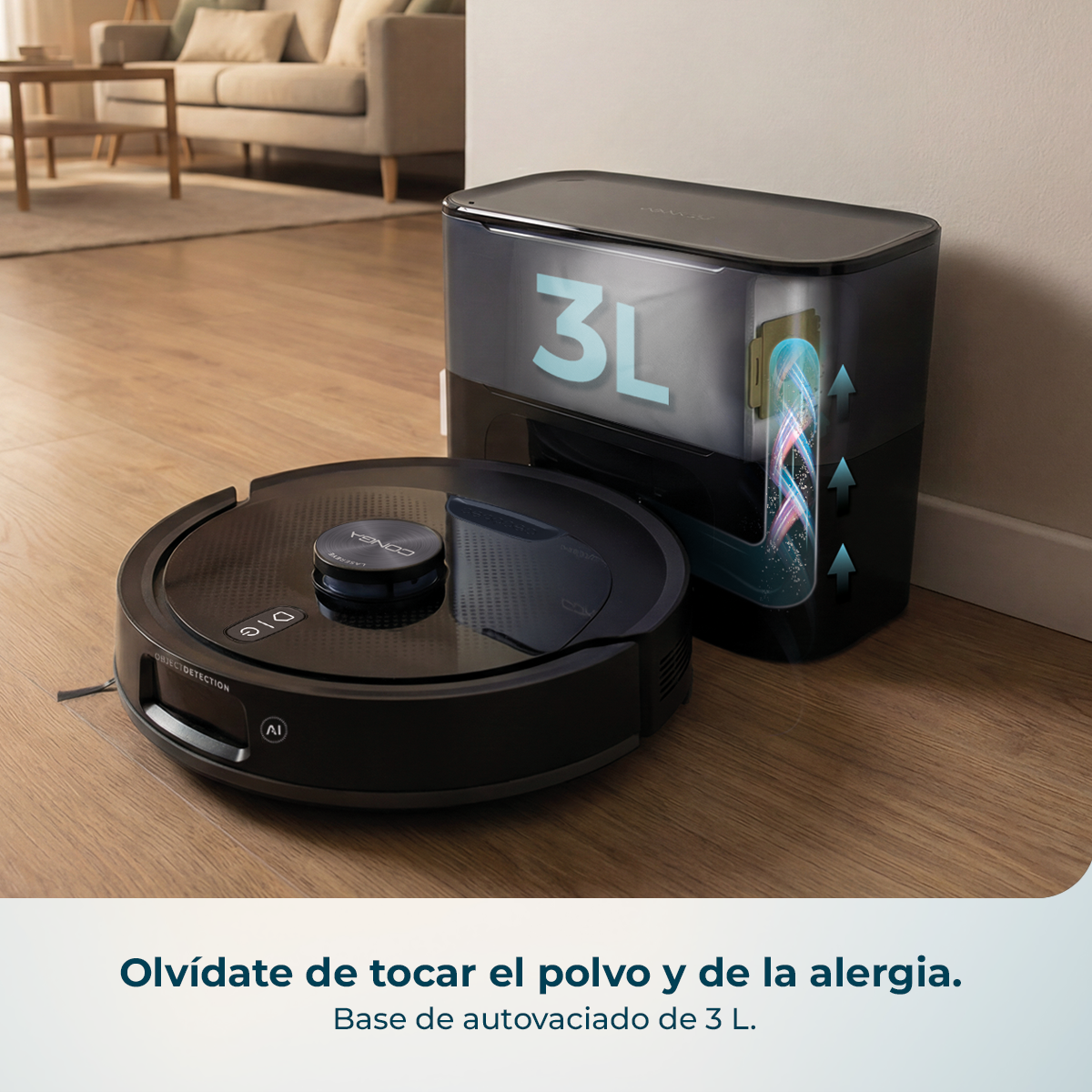 Un robot aspirador negro junto a una base de autovaciado de 3L.