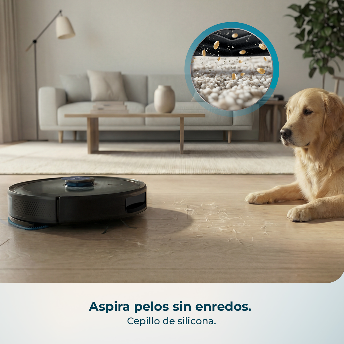 Un robot aspirador limpia un suelo de madera mientras un Golden Retriever observa.