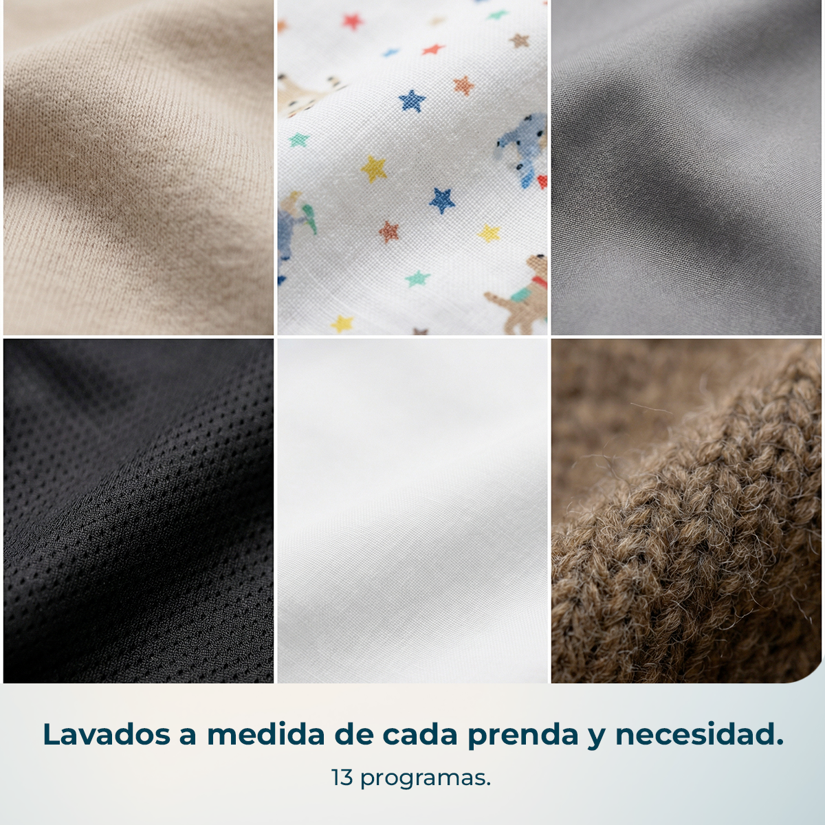Sei texture di tessuto: beige maglia, cani colorati, grigio liscio, nero rete, bianco fine, marrone.